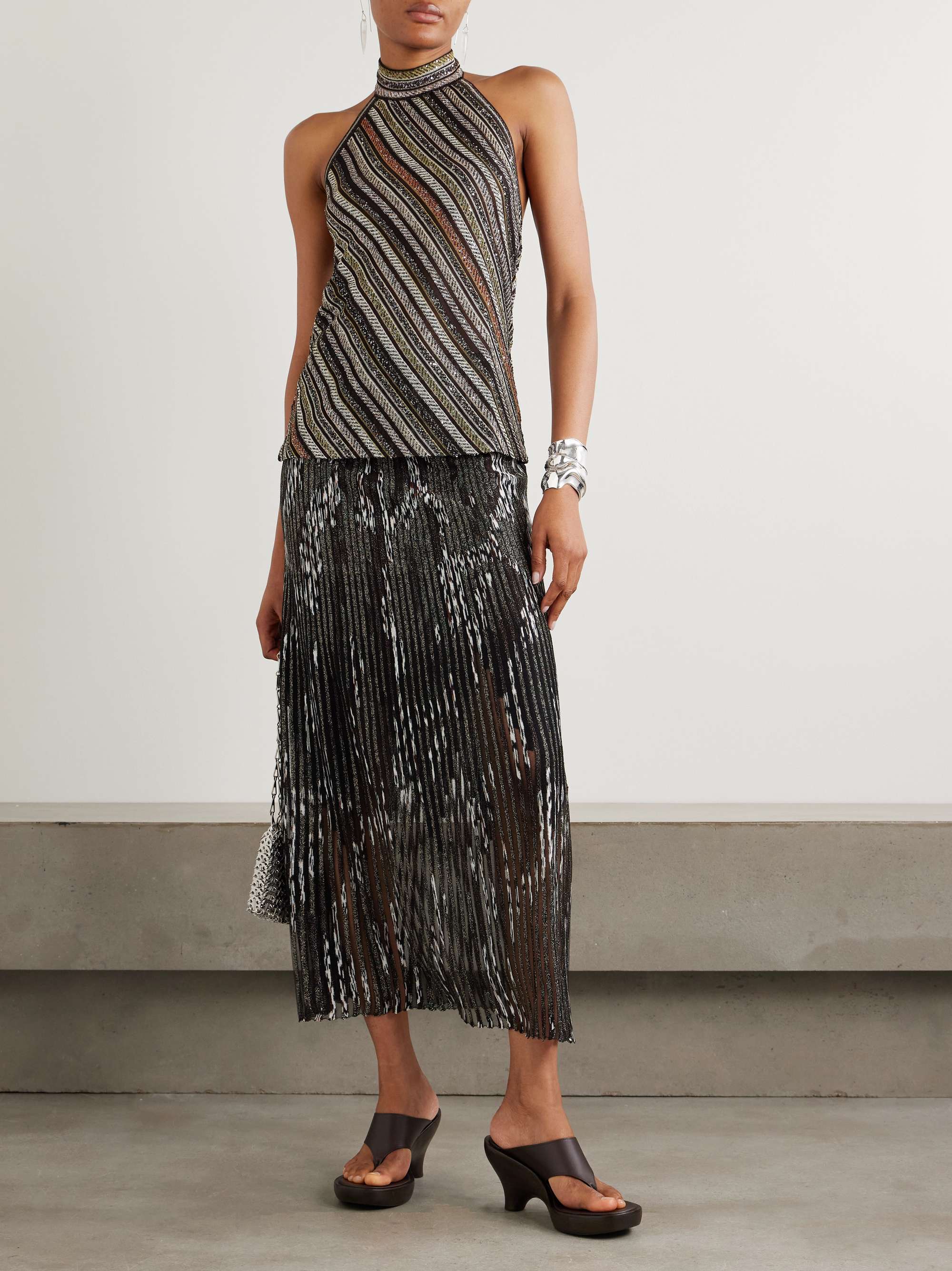Sequined striped crochet-knit halterneck top view