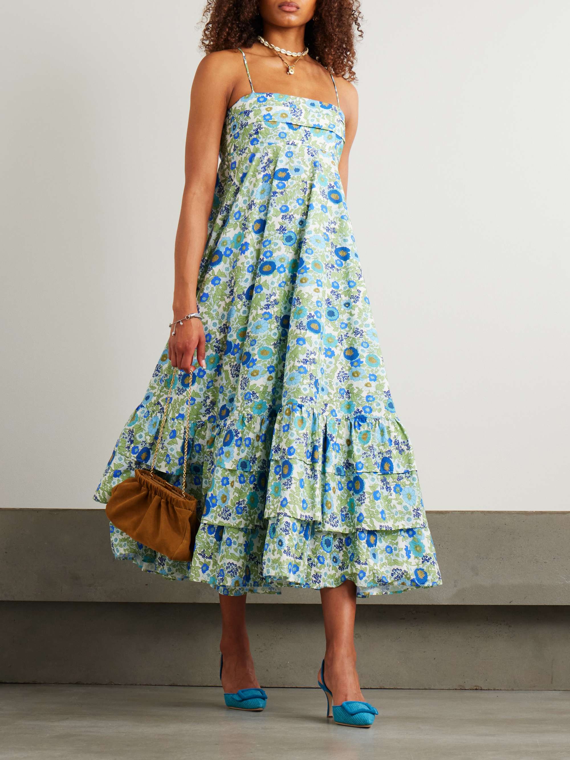 Pam tiered pintucked floral-print organic cotton-poplin midi dress view