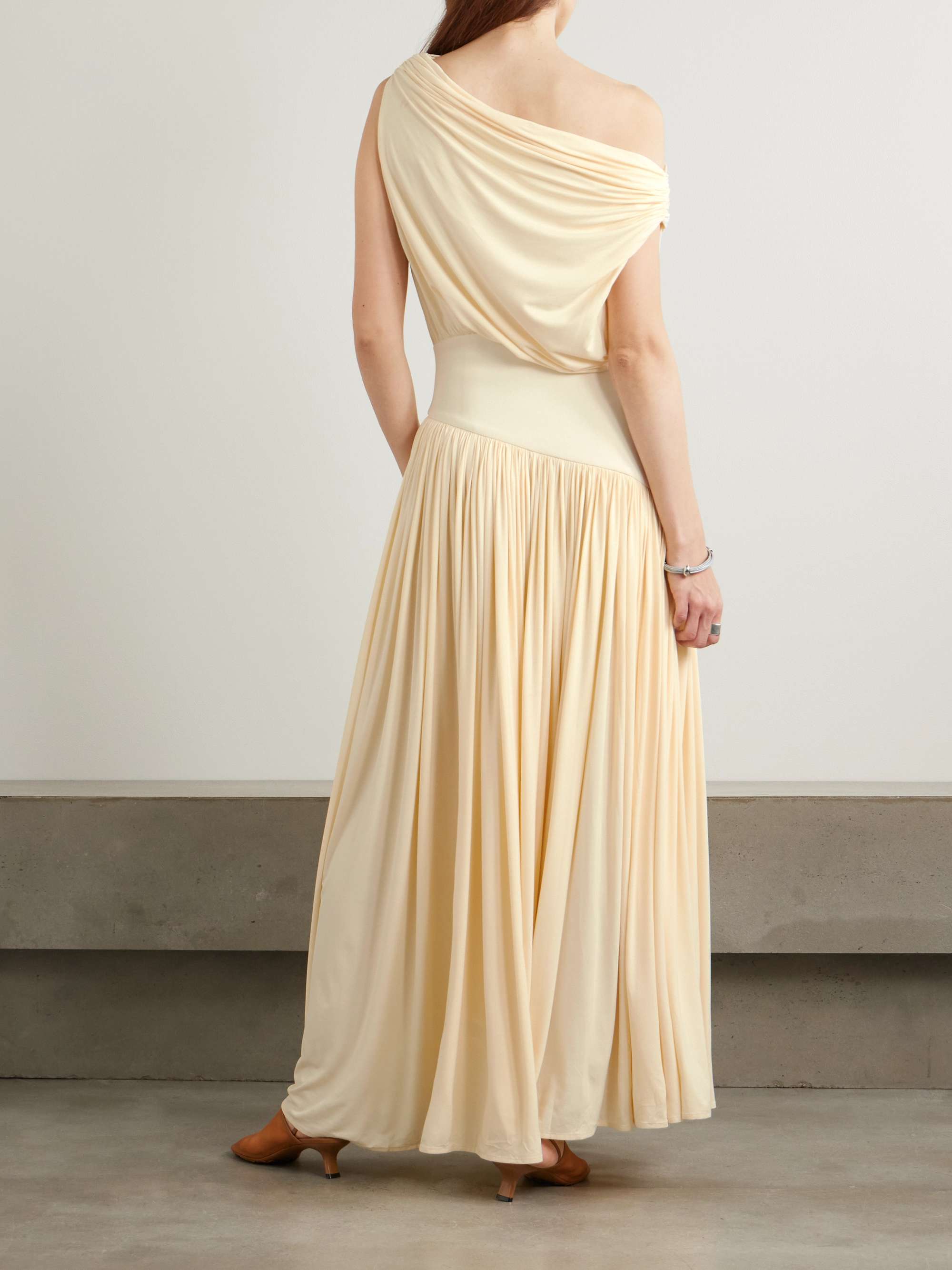One-shoulder asymmetric draped jersey-trimmed stretch-bamboo maxi dress view