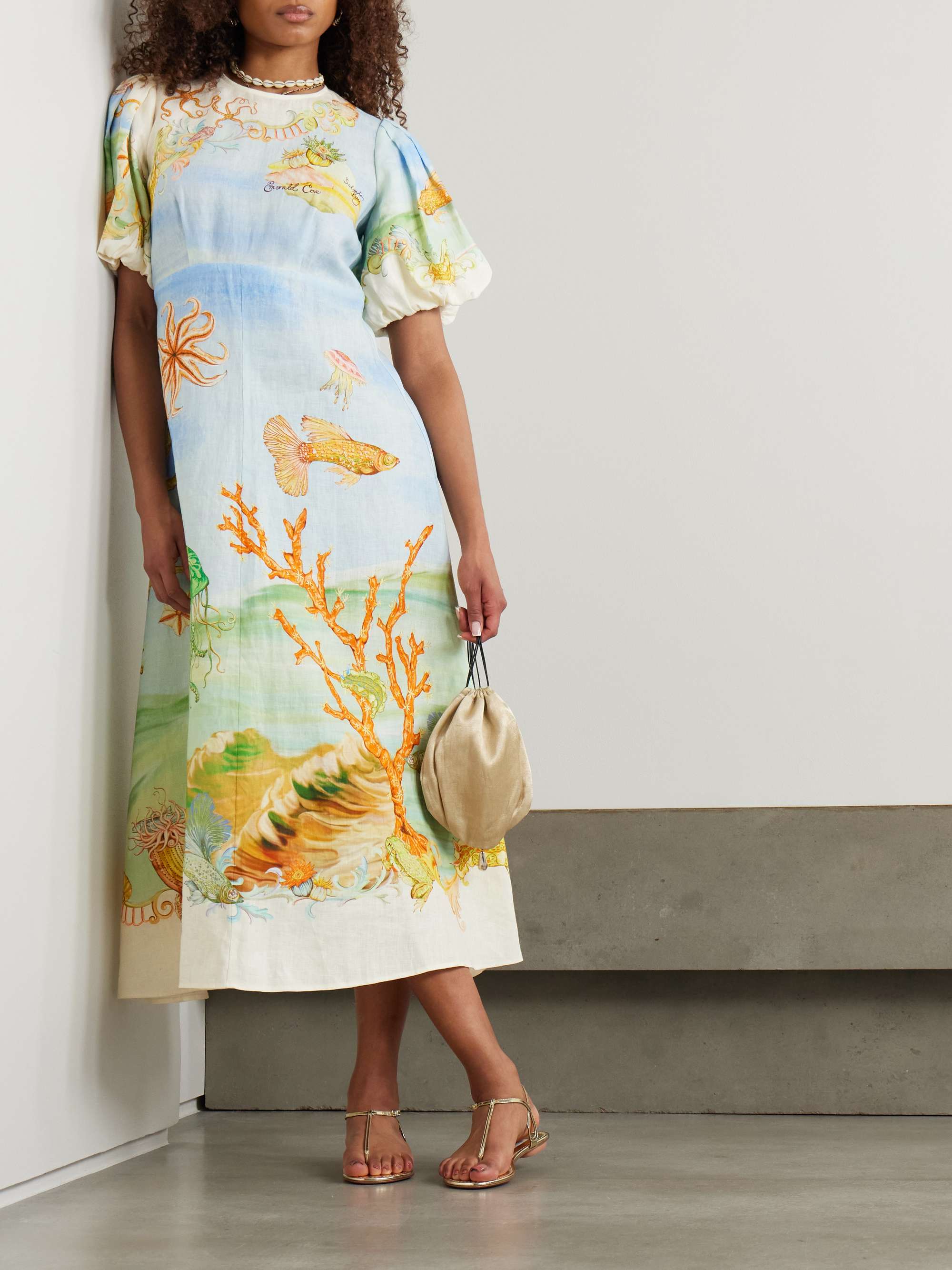 + Sam Pauletto Emerald Cove gathered printed linen-gauze midi dress view