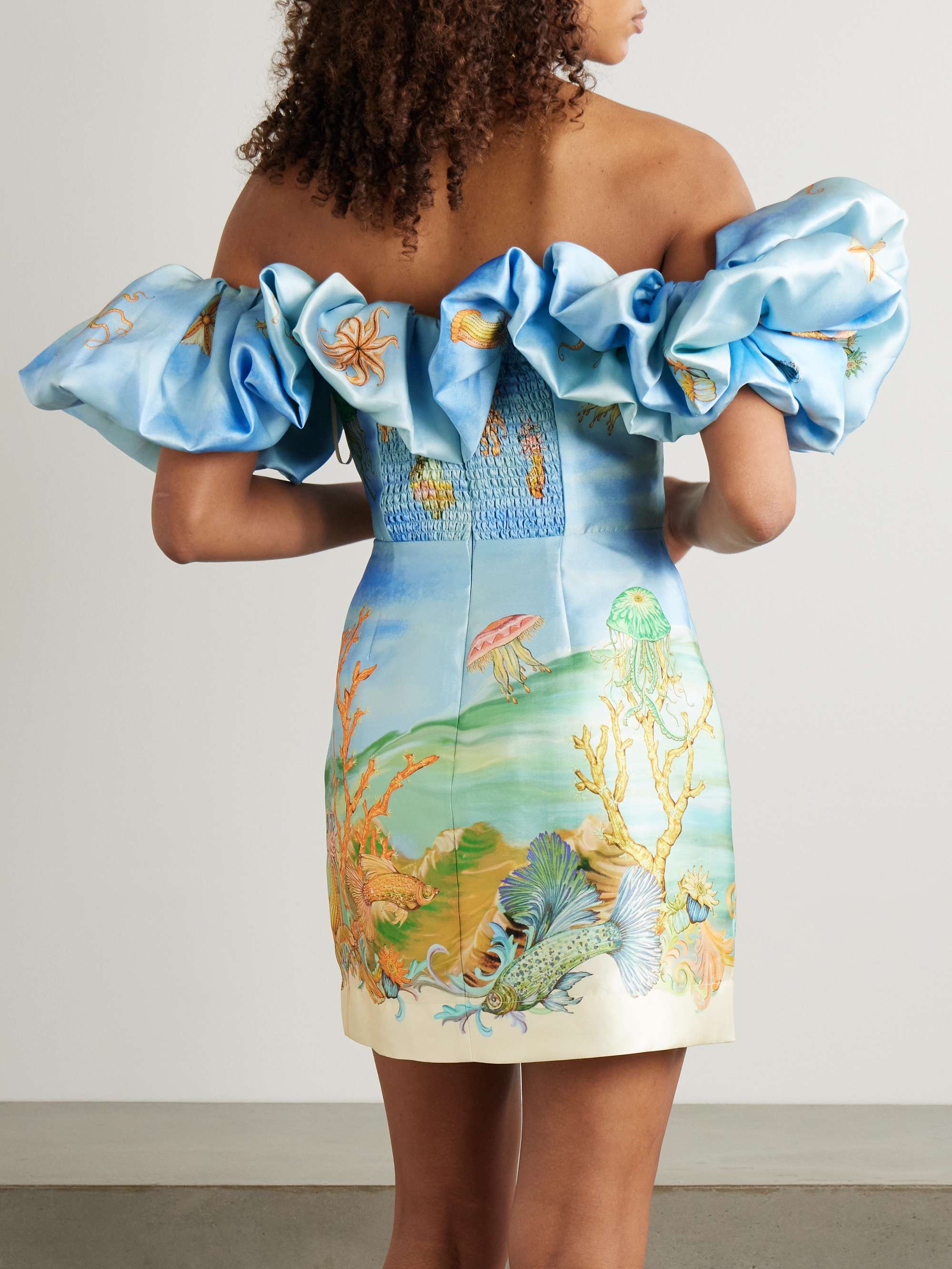 + Sam Pauletto Emerald Cove off-the-shoulder gathered printed recycled Duchesse-satin mini dress view