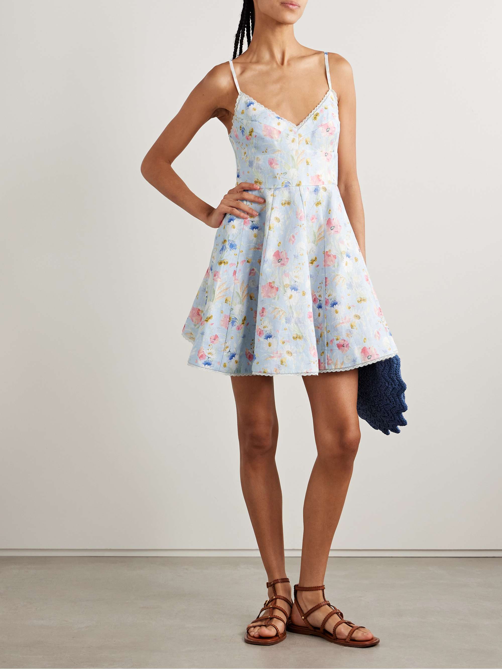 Lucky lace-trimmed floral-print linen mini dress view
