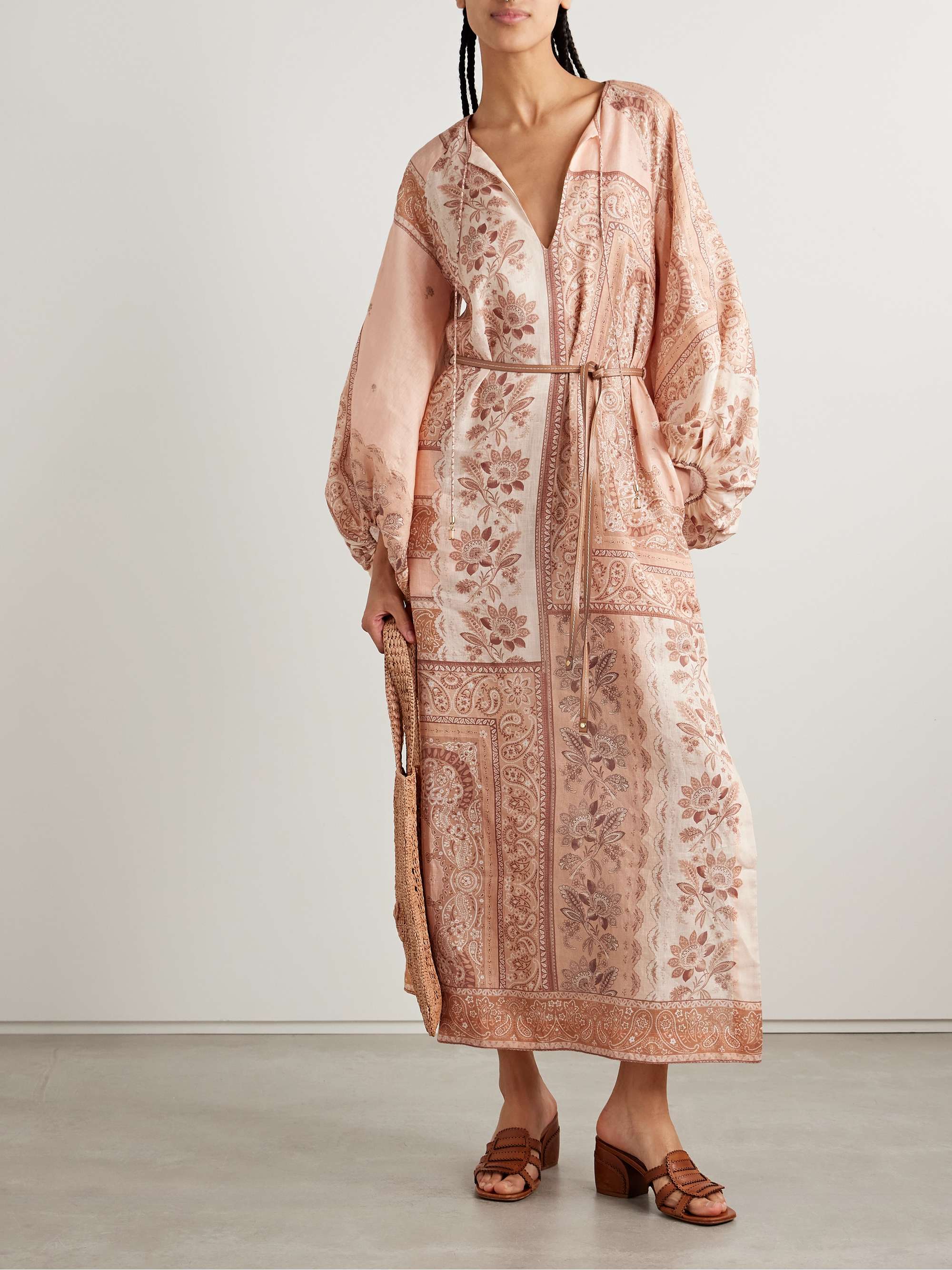 Lucky leather-trimmed belted paisley-print linen midi dress view