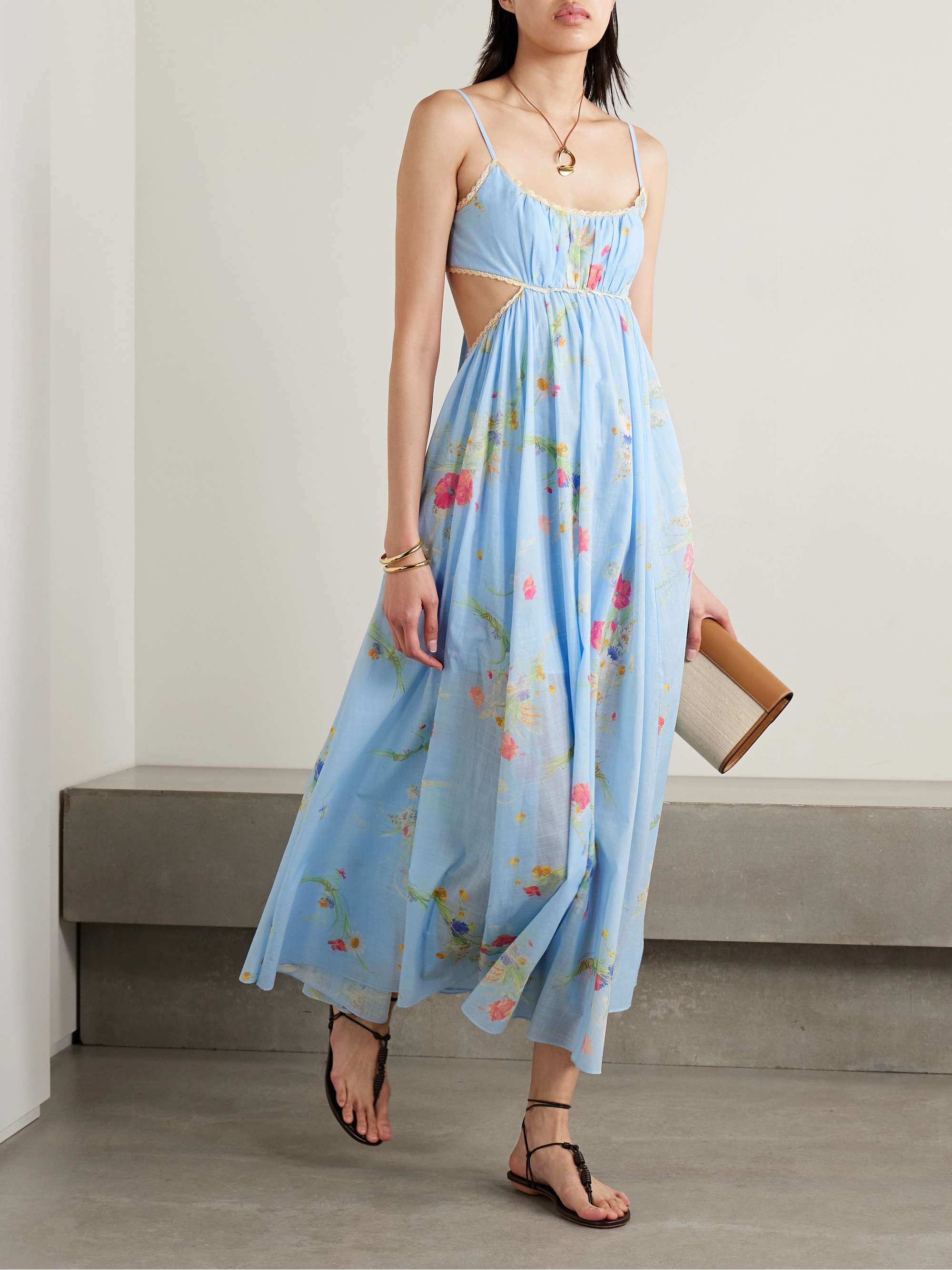 Lucky Picnic cutout crocheted lace-trimmed printed cotton-voile maxi dress view