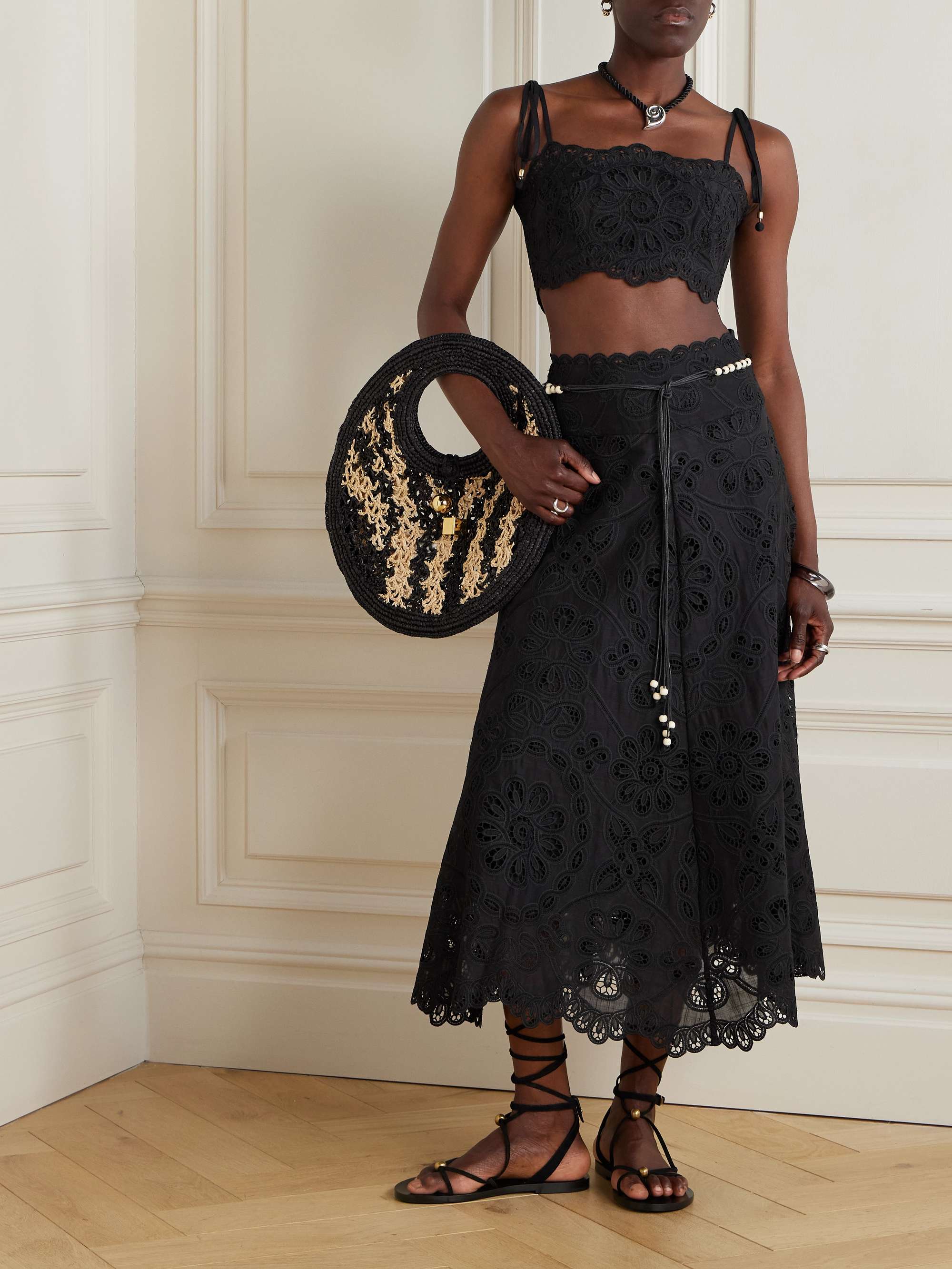 Rhiannon belted cotton-lace midi skirt view