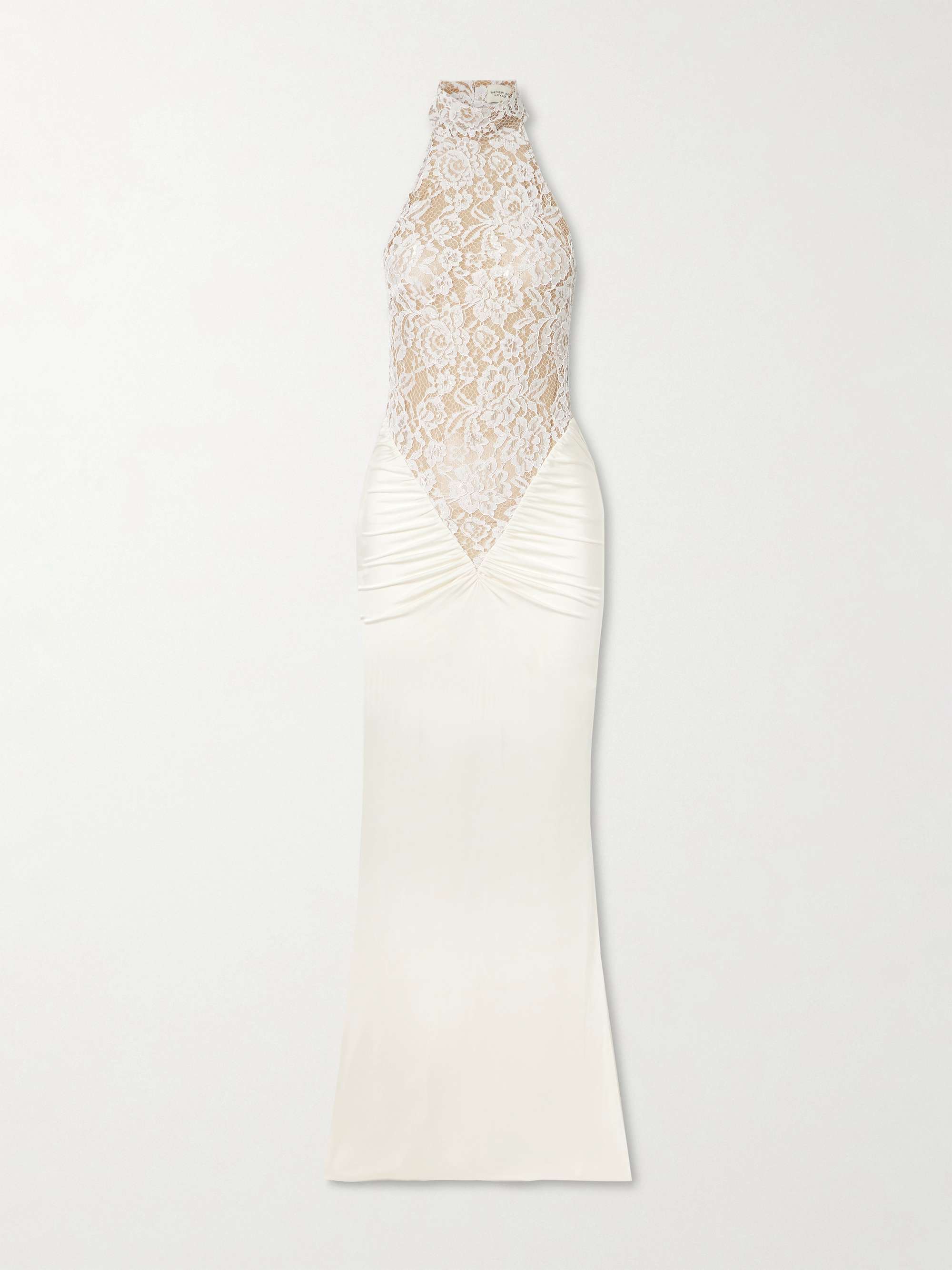 Cass gathered lace-trimmed satin-jersey halterneck gown view