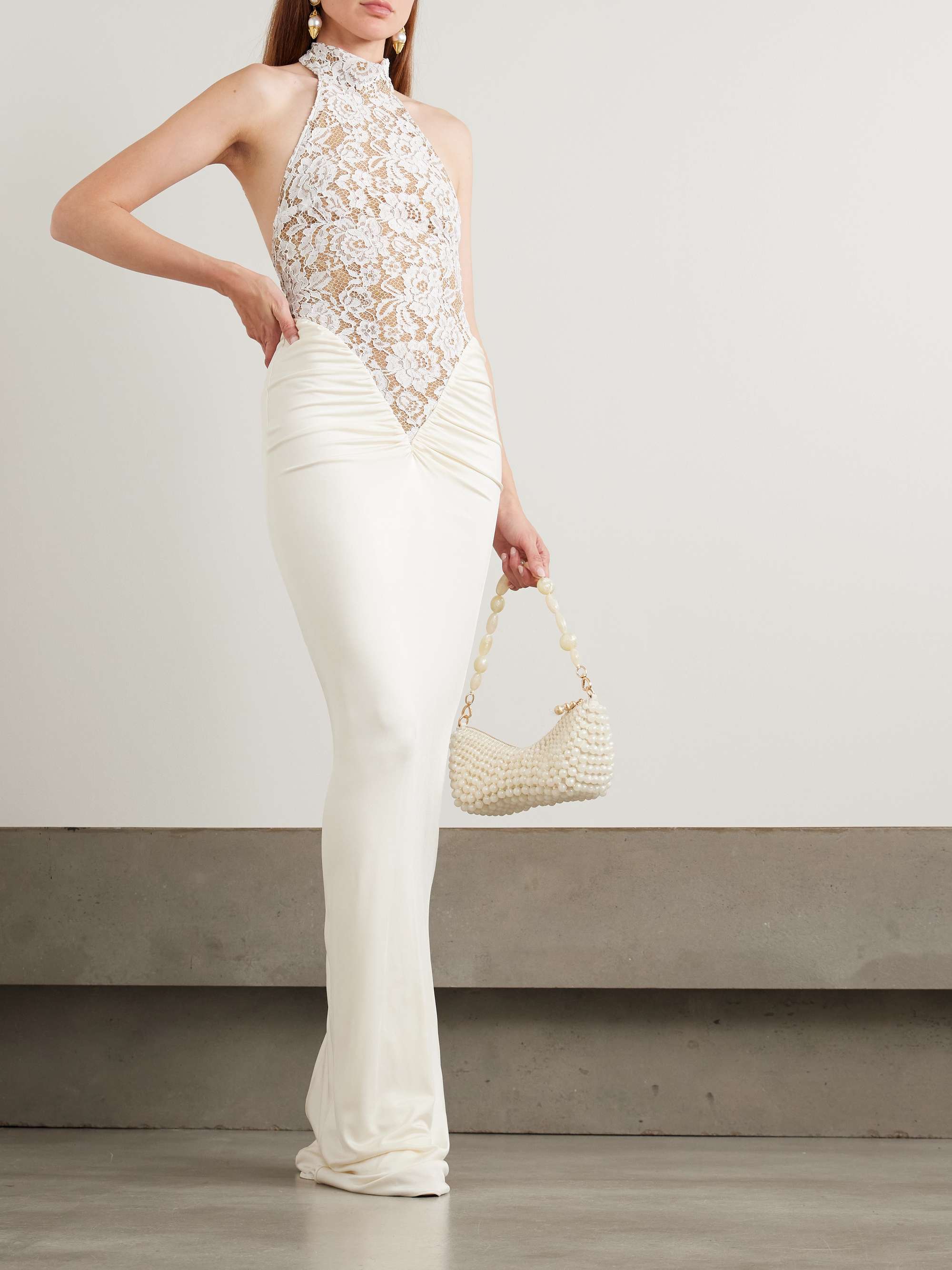 Cass gathered lace-trimmed satin-jersey halterneck gown view