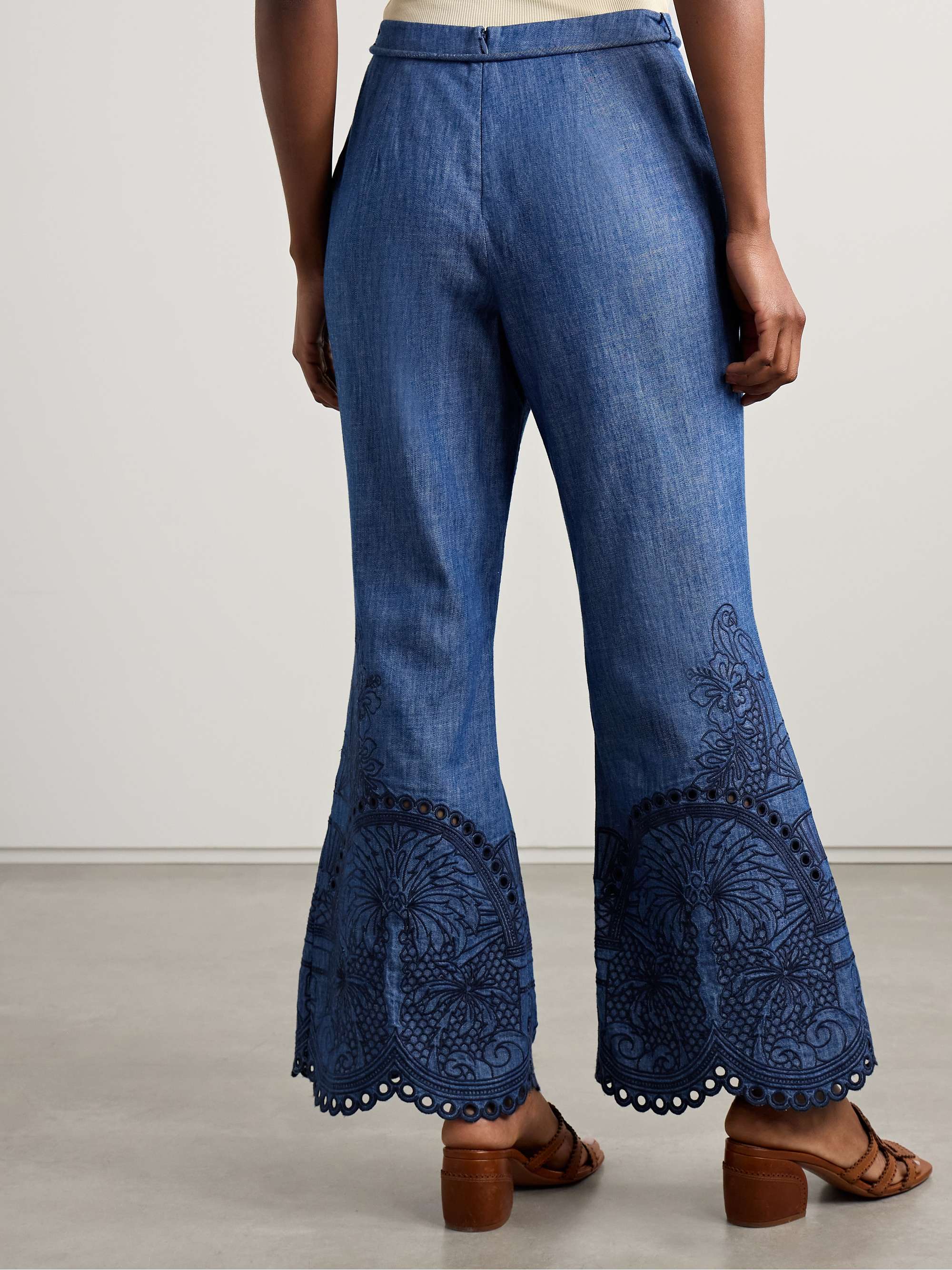 Coco belted embroidered cotton-chambray flared pants view
