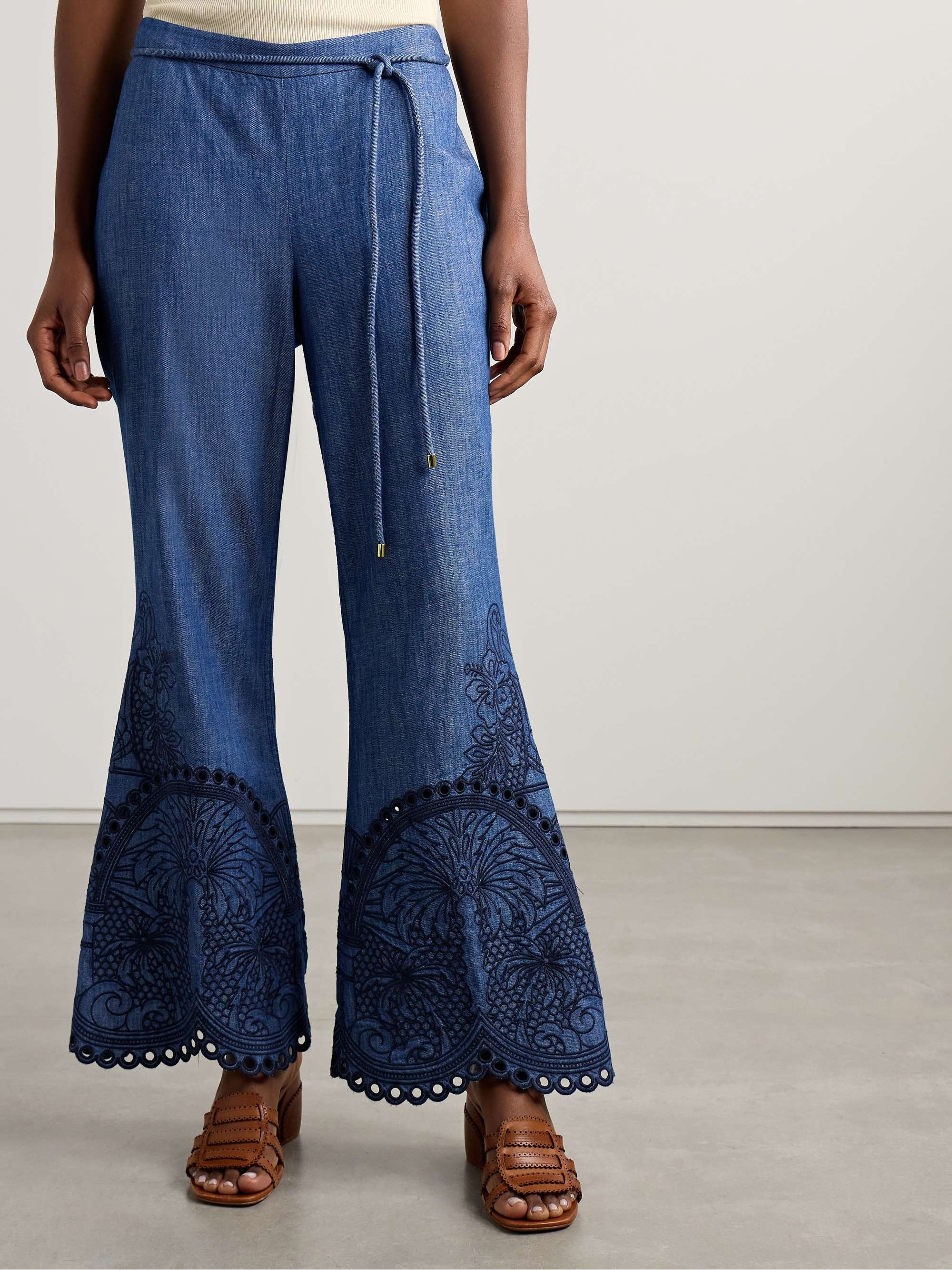 Coco belted embroidered cotton-chambray flared pants view
