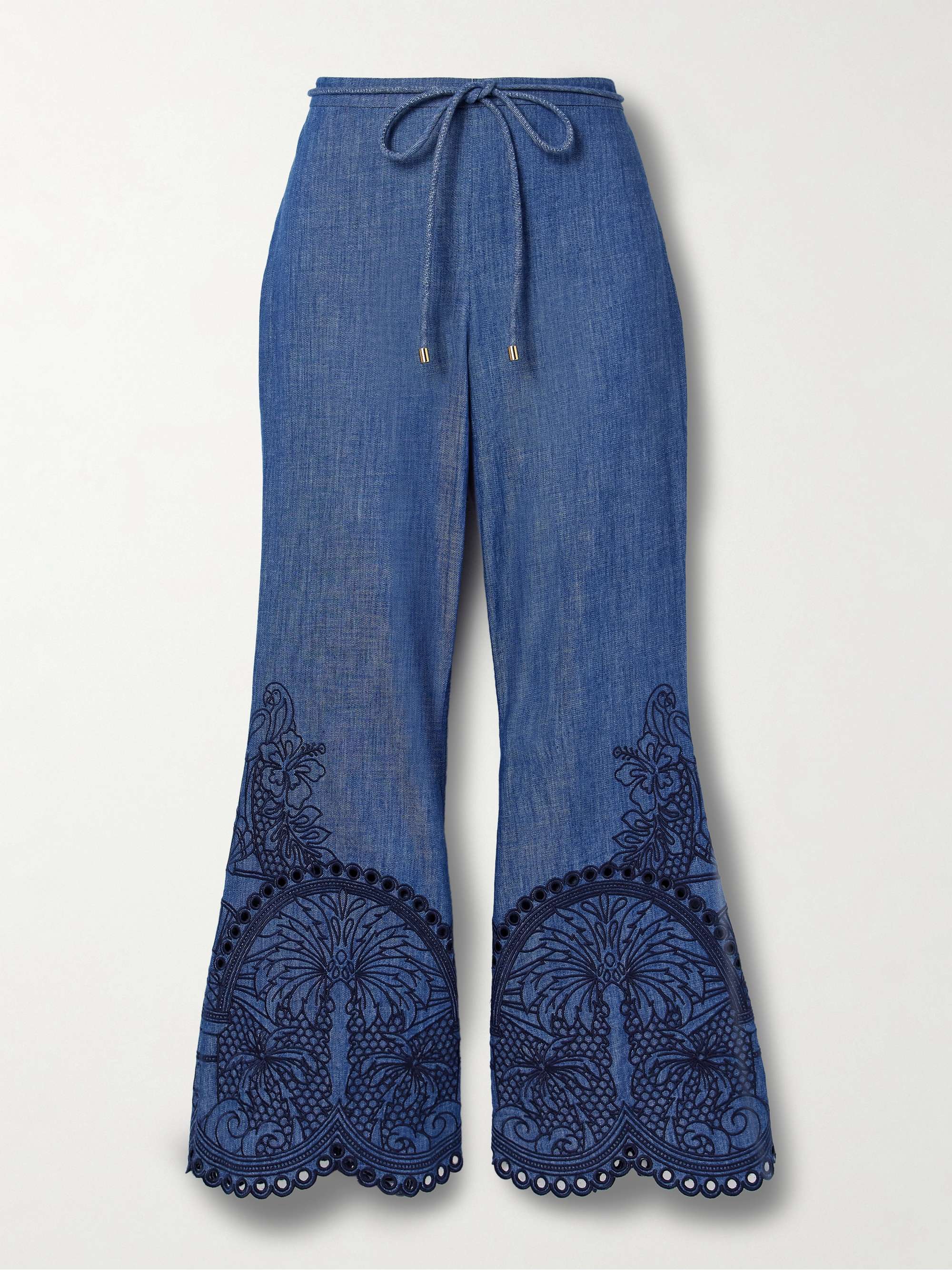 Coco belted embroidered cotton-chambray flared pants view
