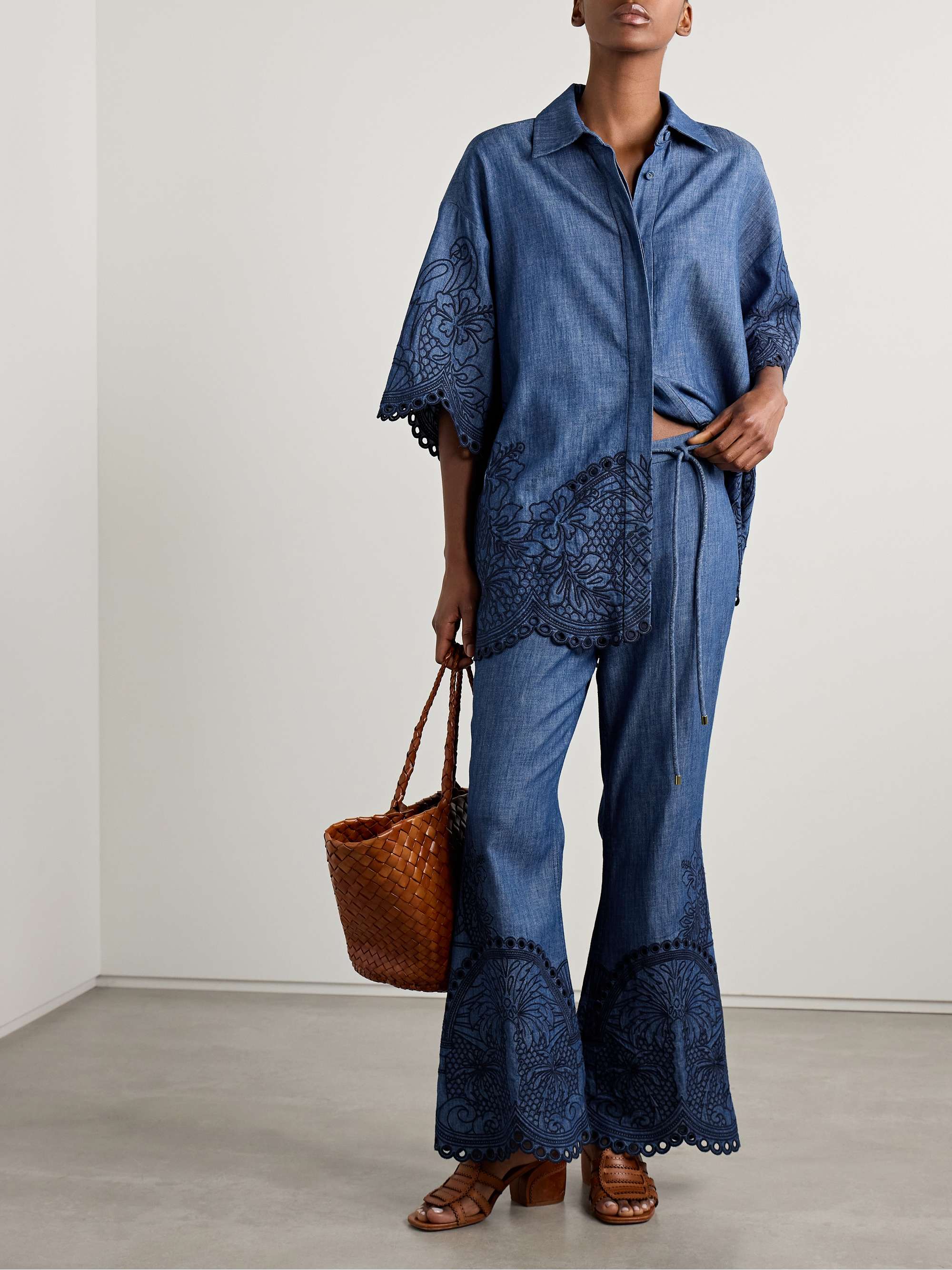 Coco belted embroidered cotton-chambray flared pants view