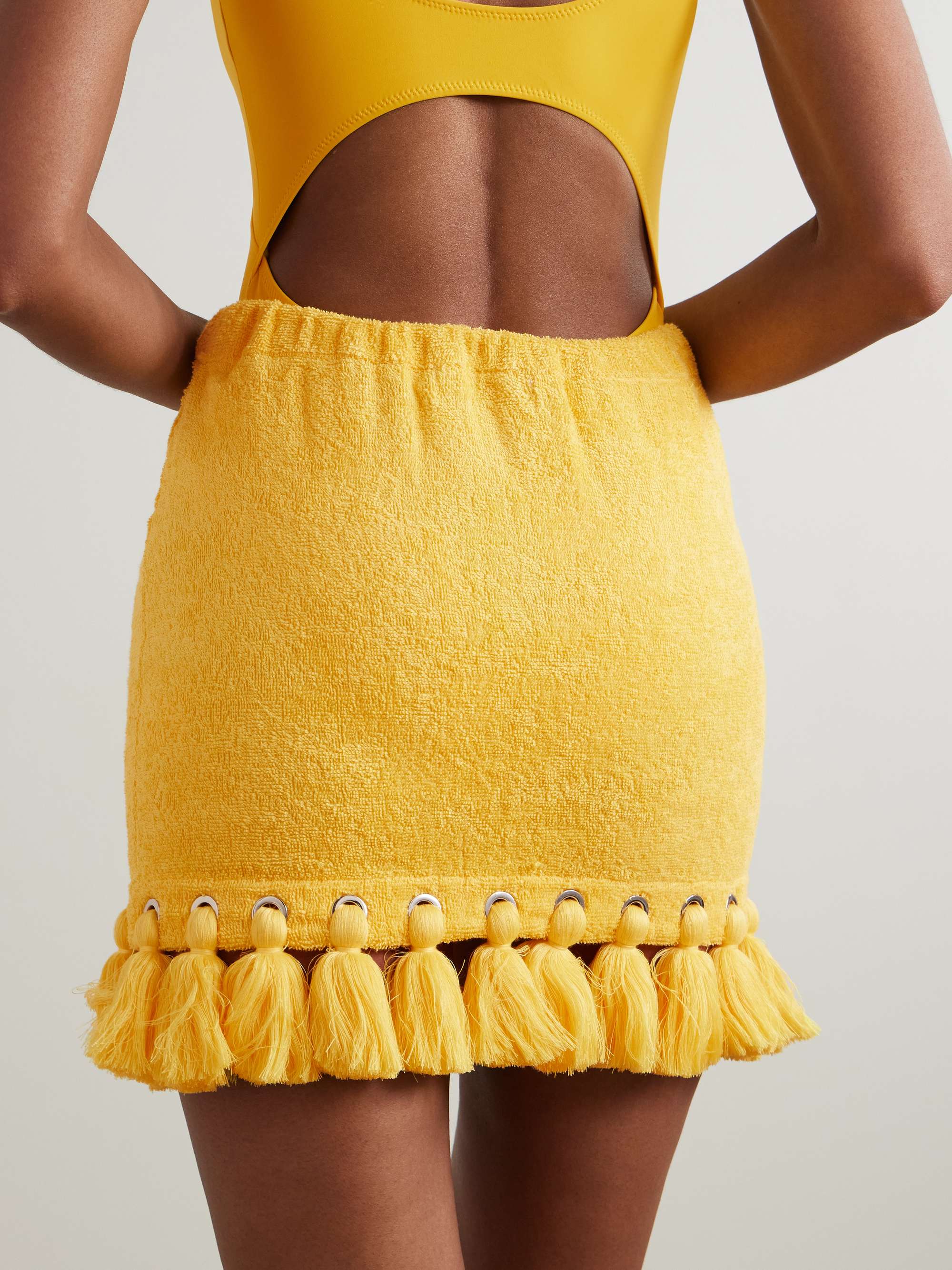 Tasseled eyelet-embellished cotton-terry mini skirt view