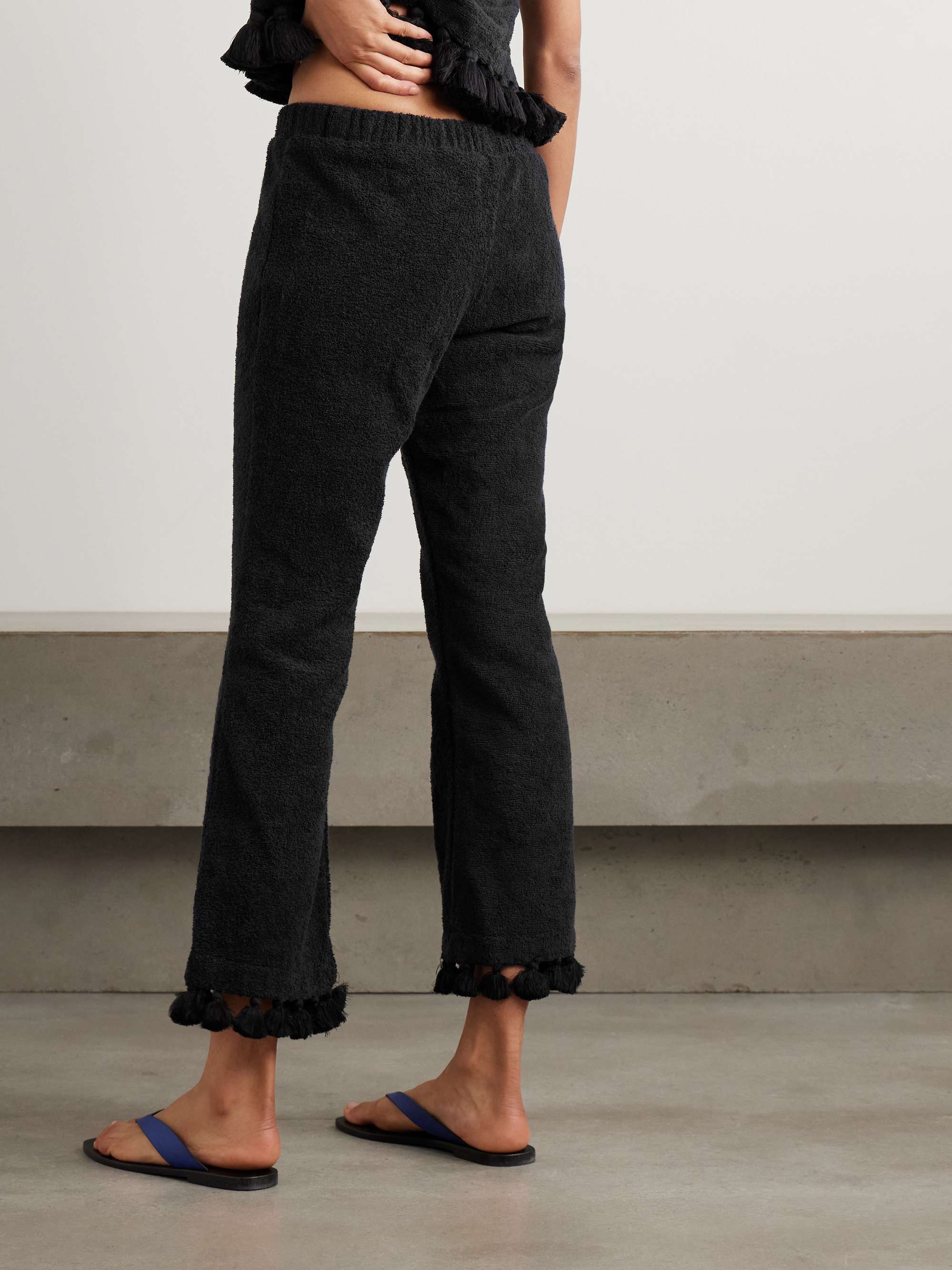 Cropped tasseled cotton-terry flared pants view
