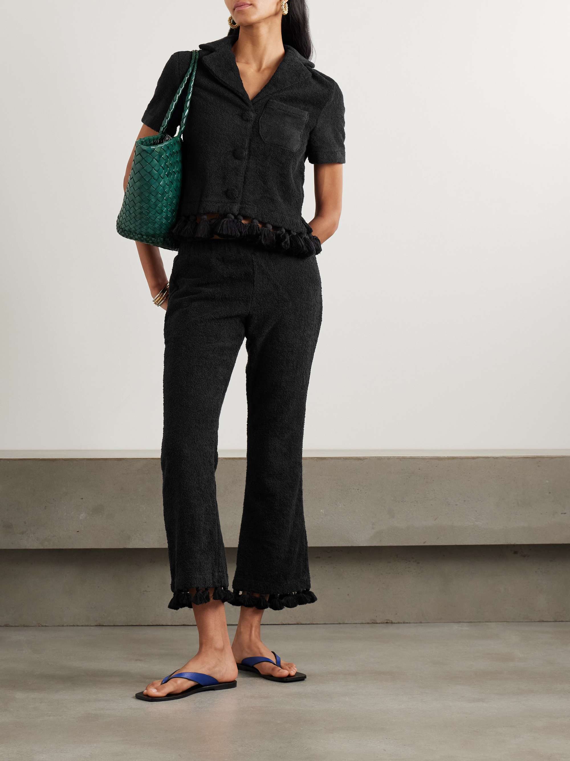 Cropped tasseled cotton-terry flared pants view