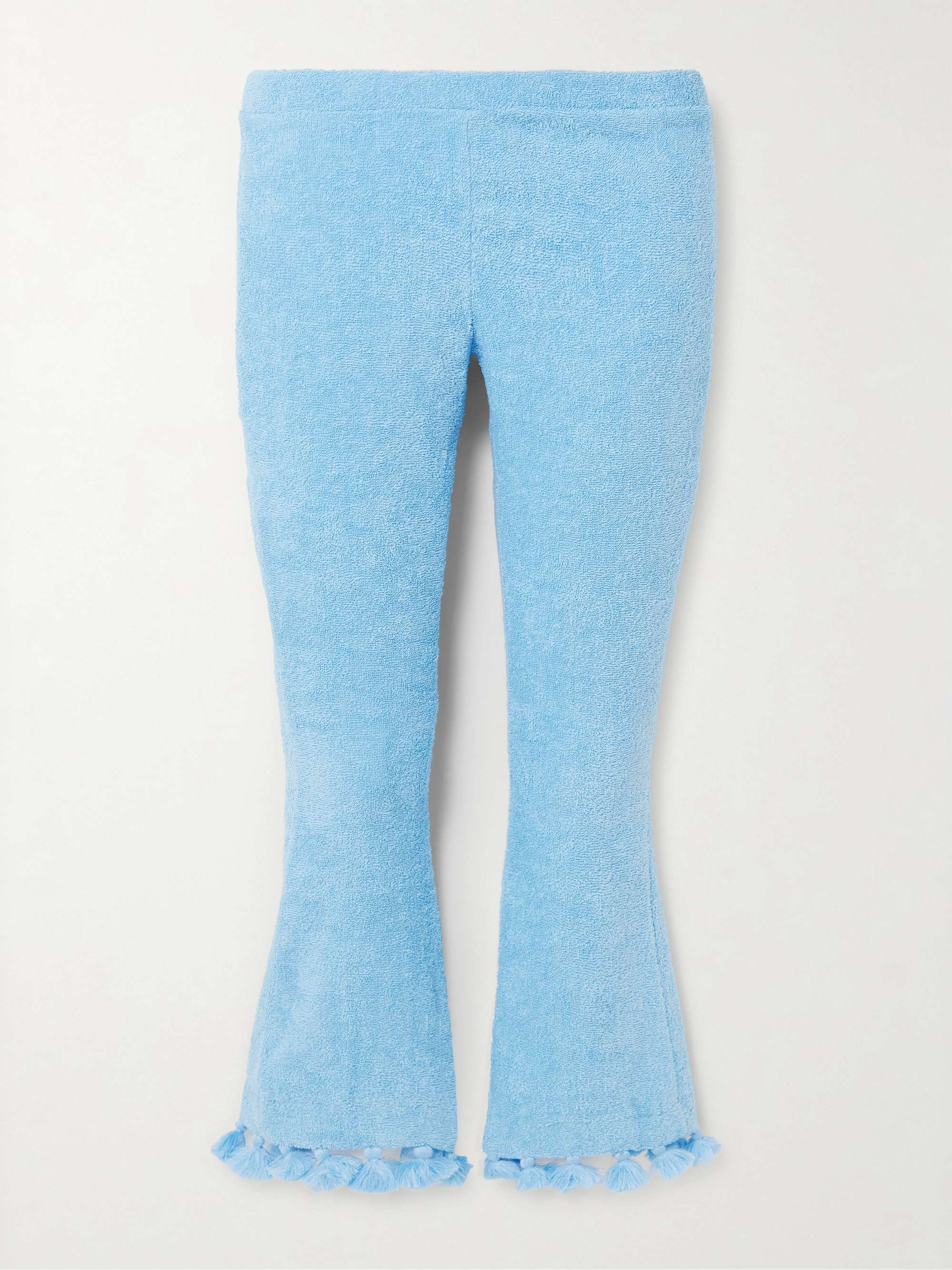 Cropped flared tasseled cotton-terry pants view