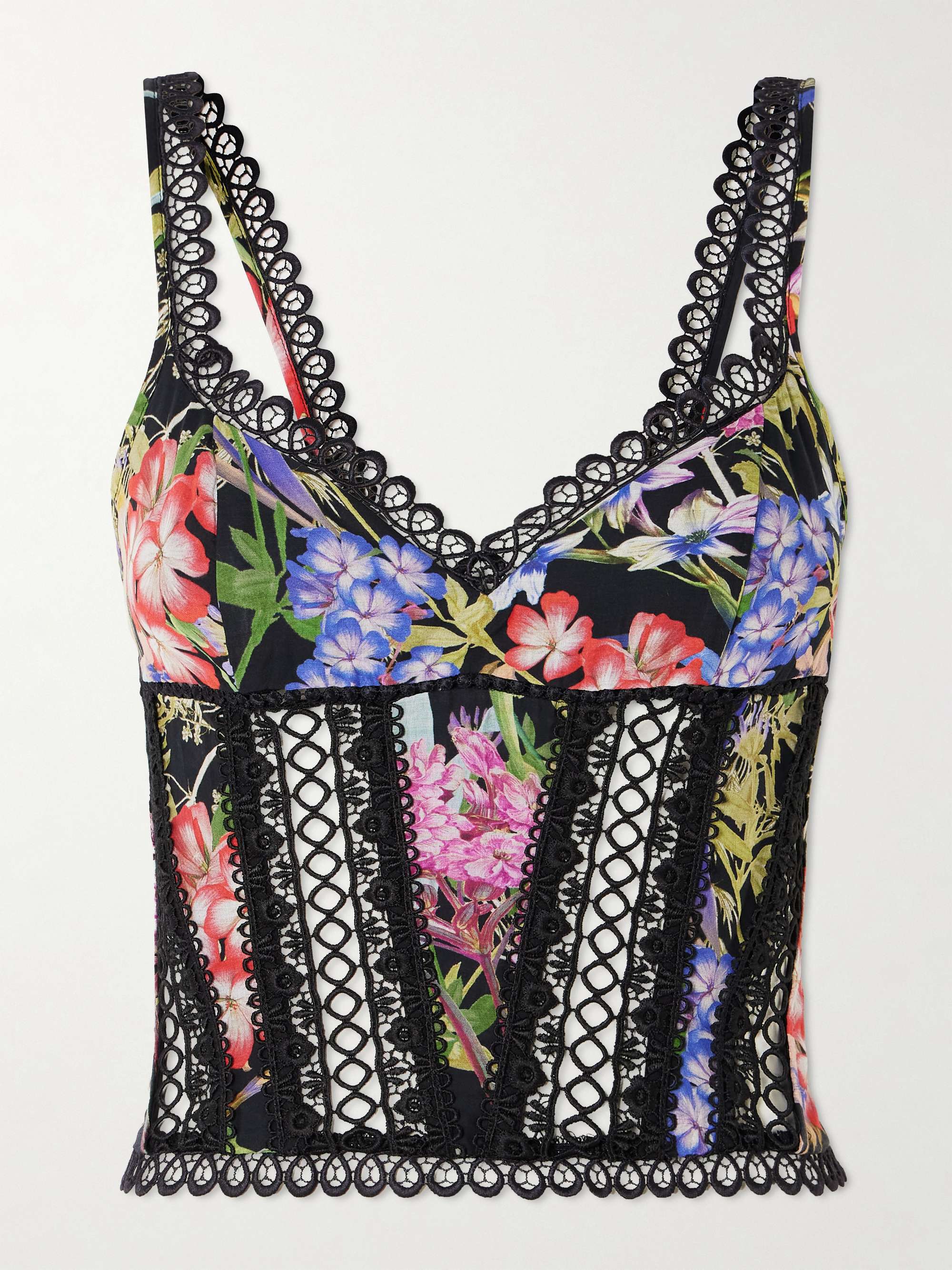Poppy guipure lace-trimmed floral-print cotton-blend voile bustier top view