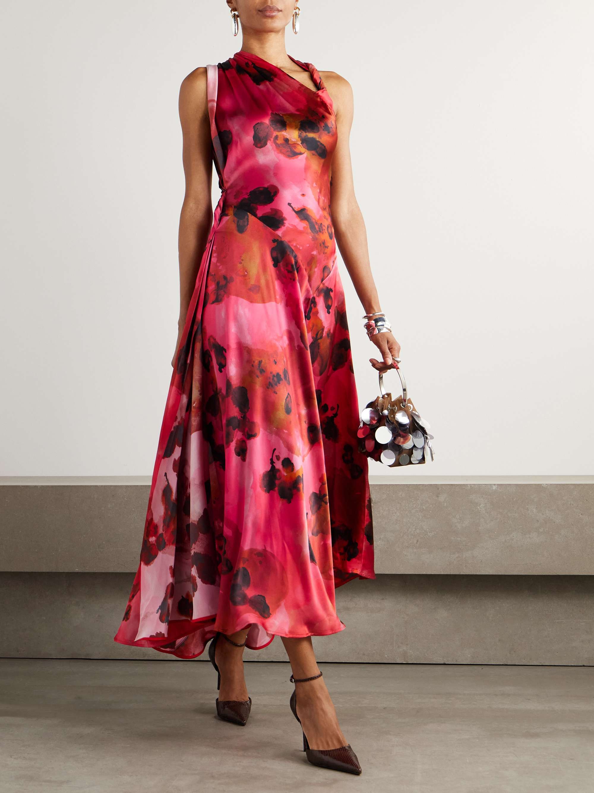 Draped floral-print silk-satin midi dress view