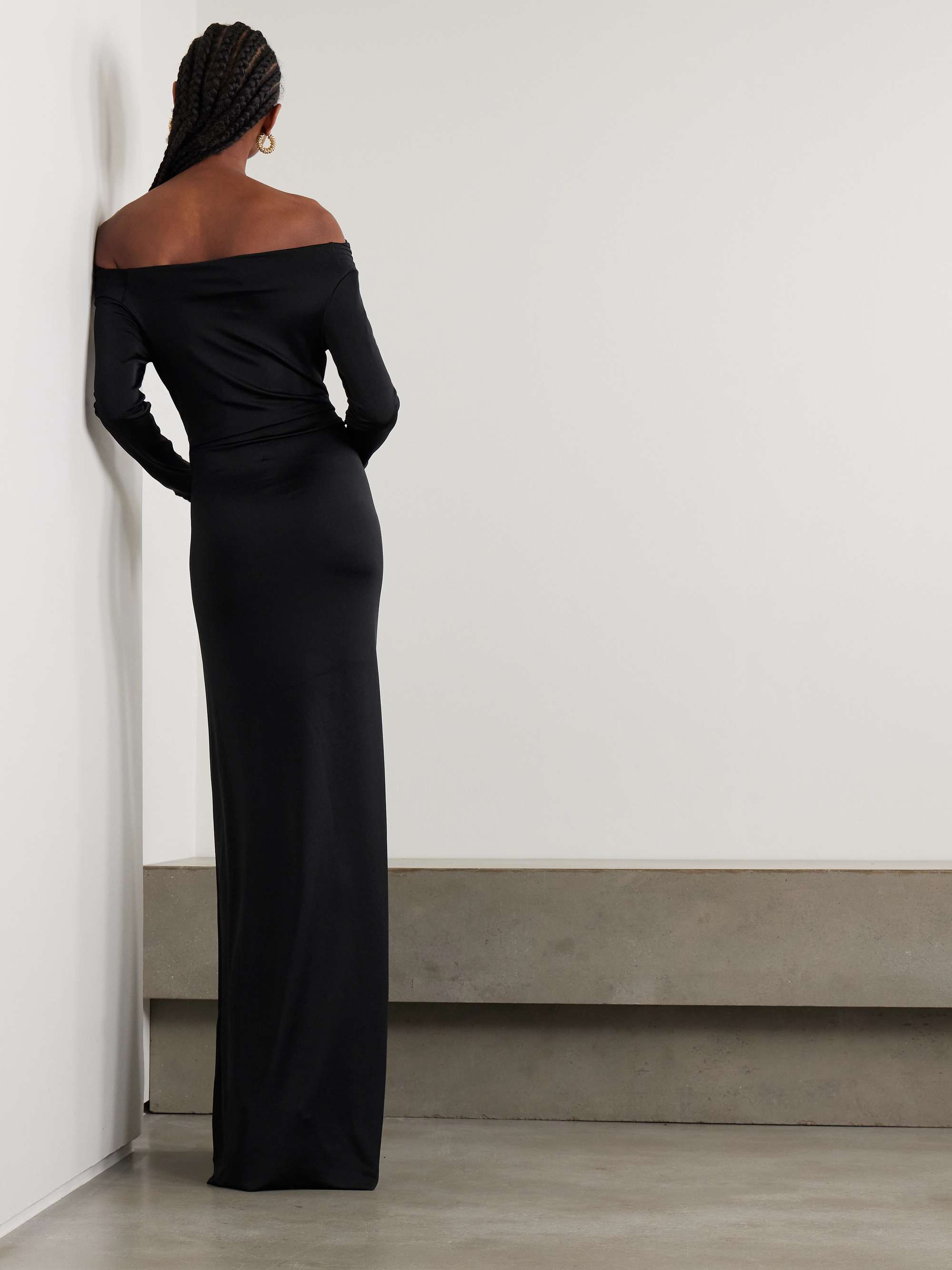 Off-the-shoulder draped satin gown view