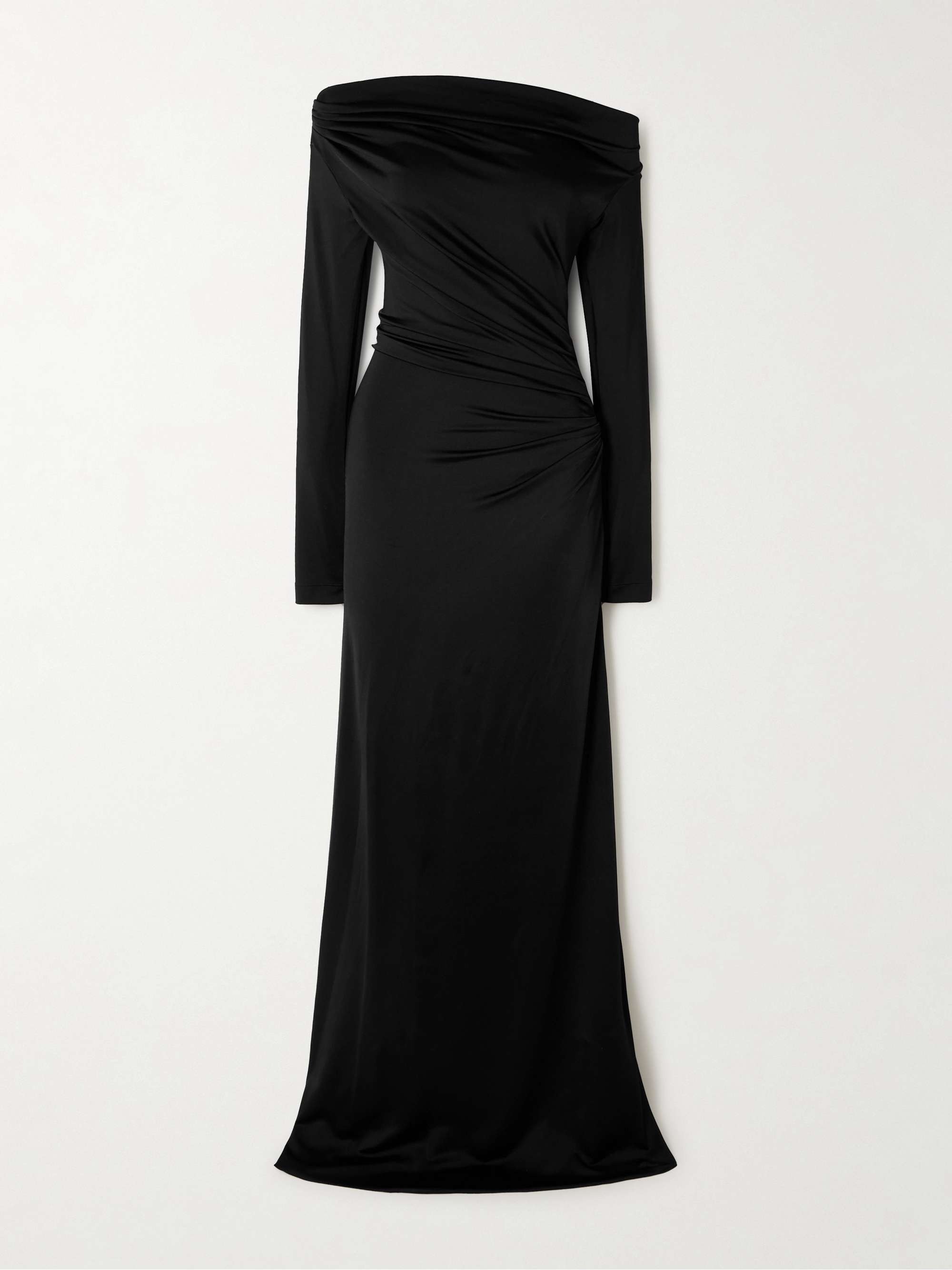 Off-the-shoulder draped satin gown view