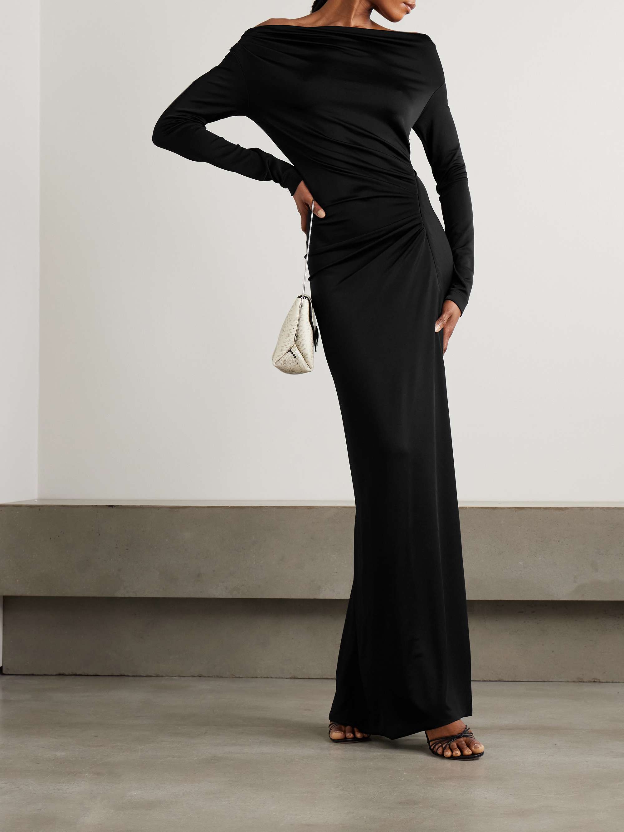 Off-the-shoulder draped satin gown view