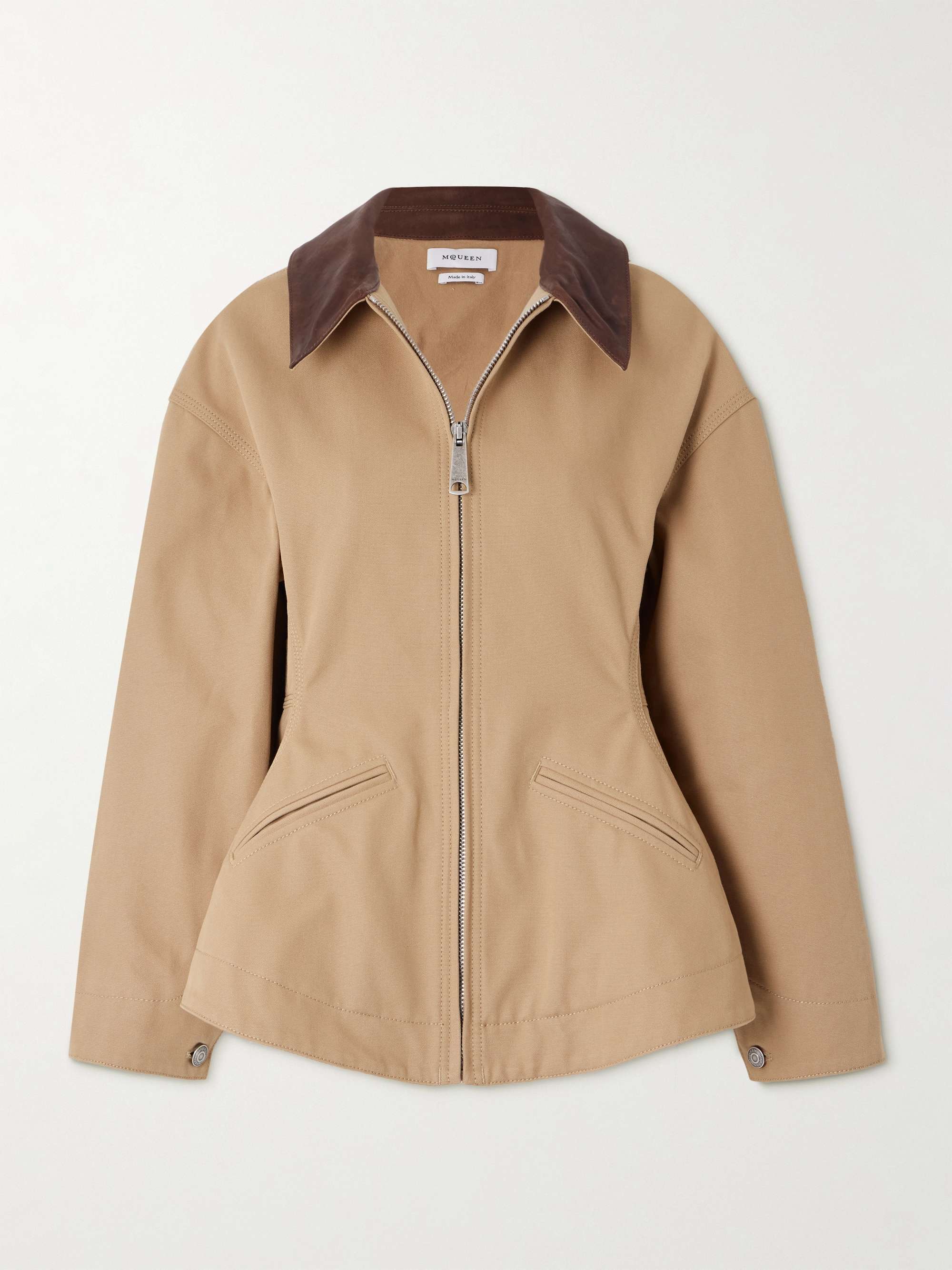 Leather-trimmed cotton-canvas peplum jacket view