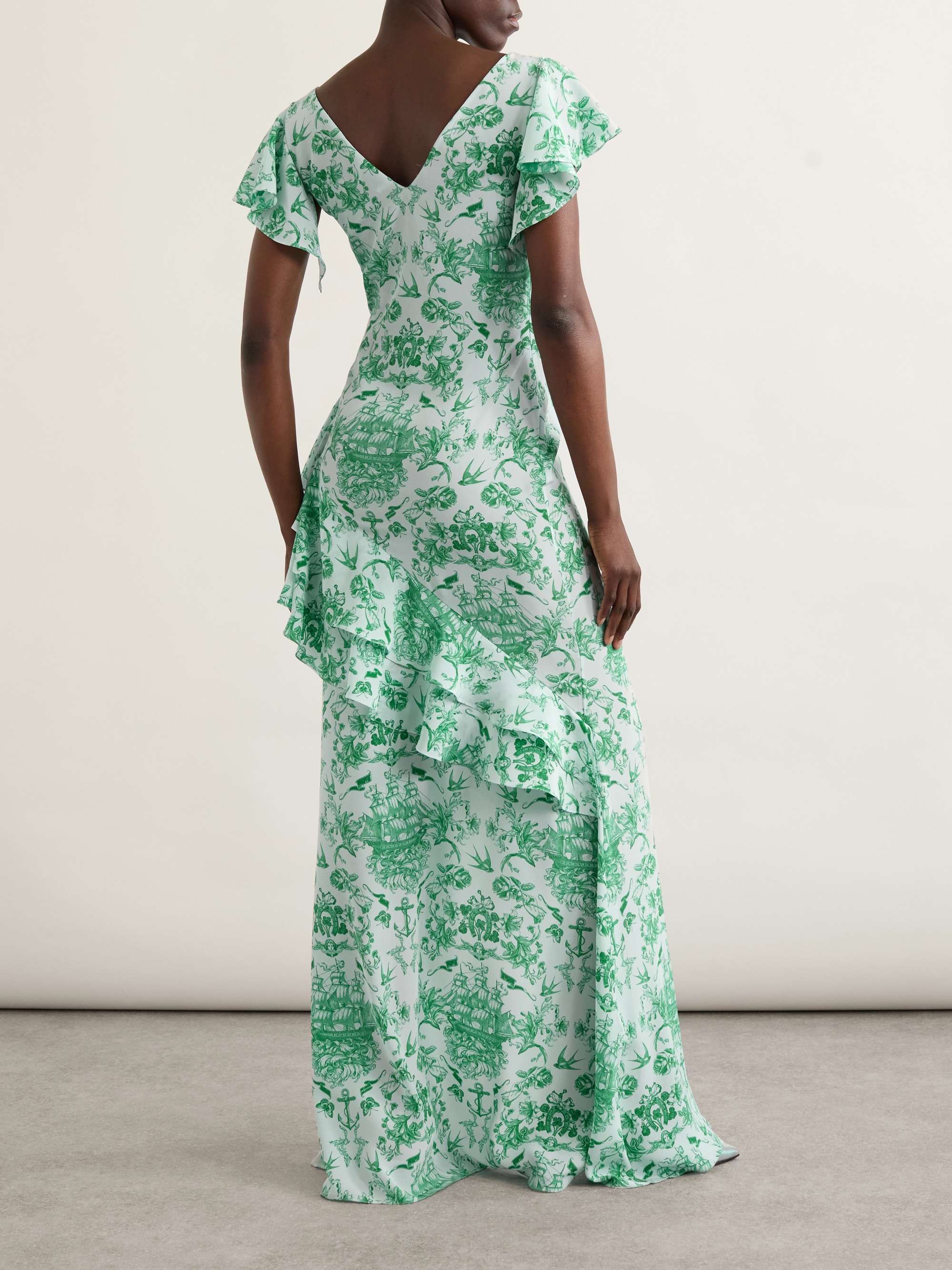 Asymmetric ruffled printed silk-satin maxi dress view