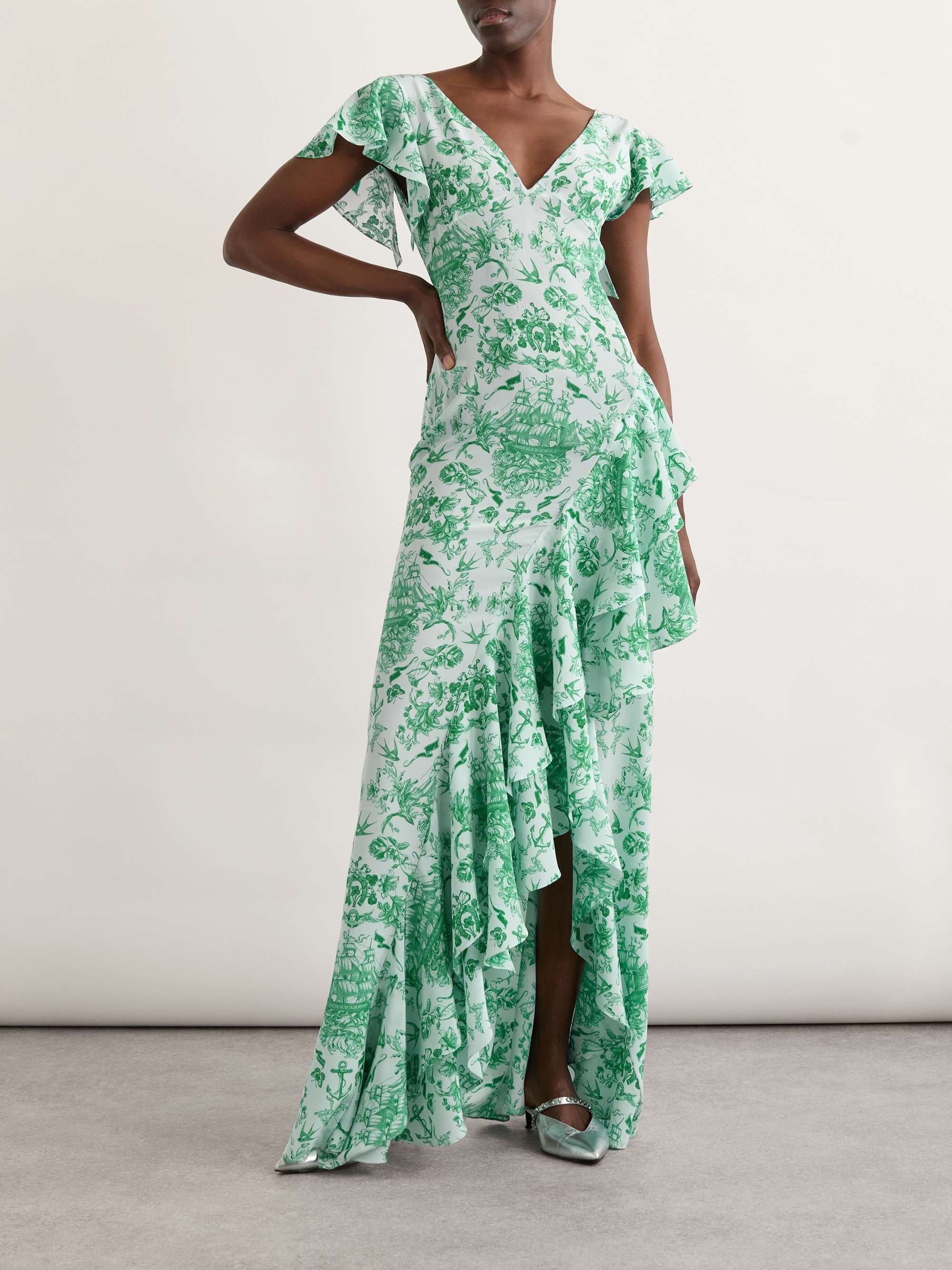 Asymmetric ruffled printed silk-satin maxi dress view