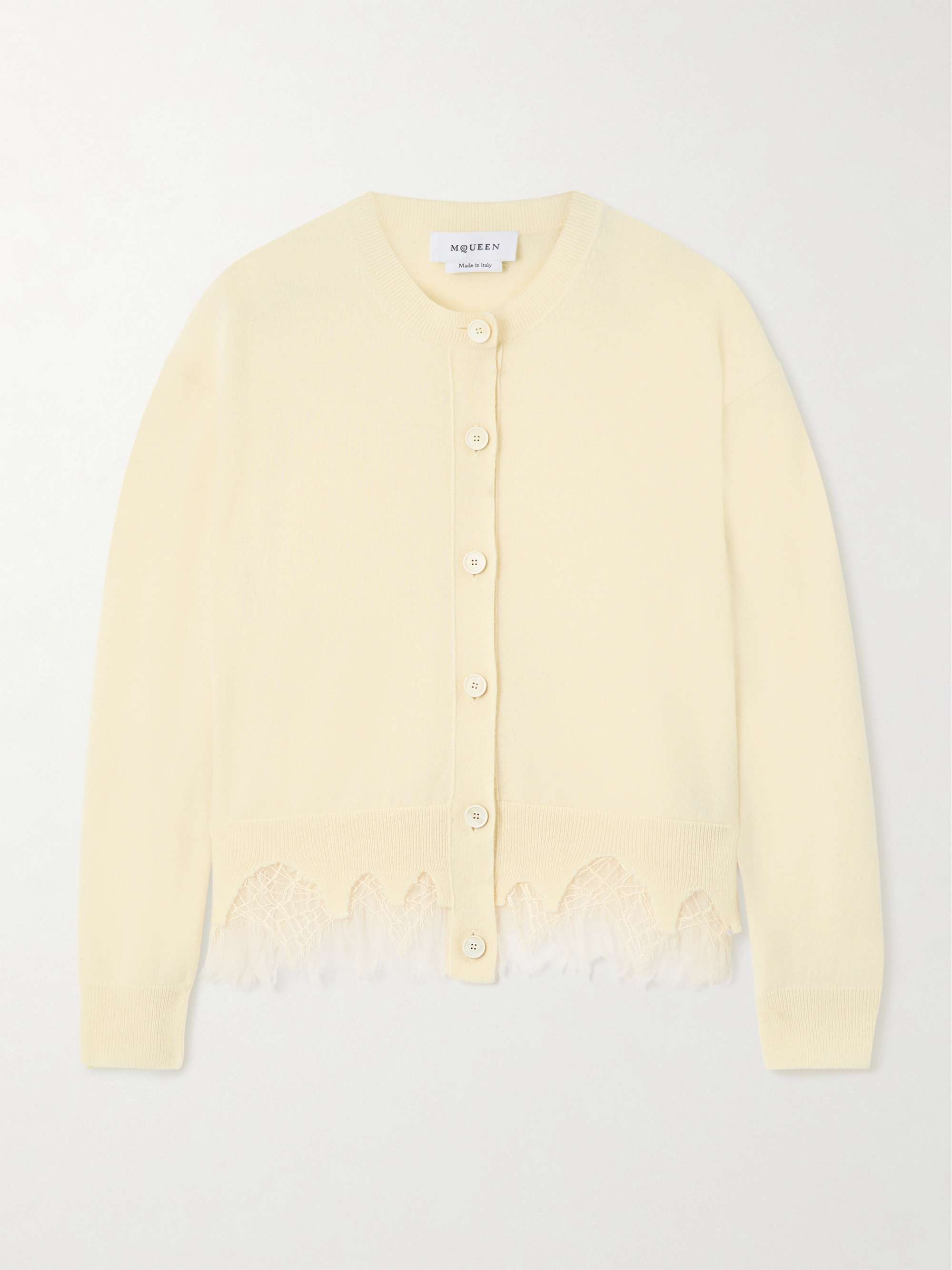 Lace-trimmed distressed wool and cashmere-blend cardigan view