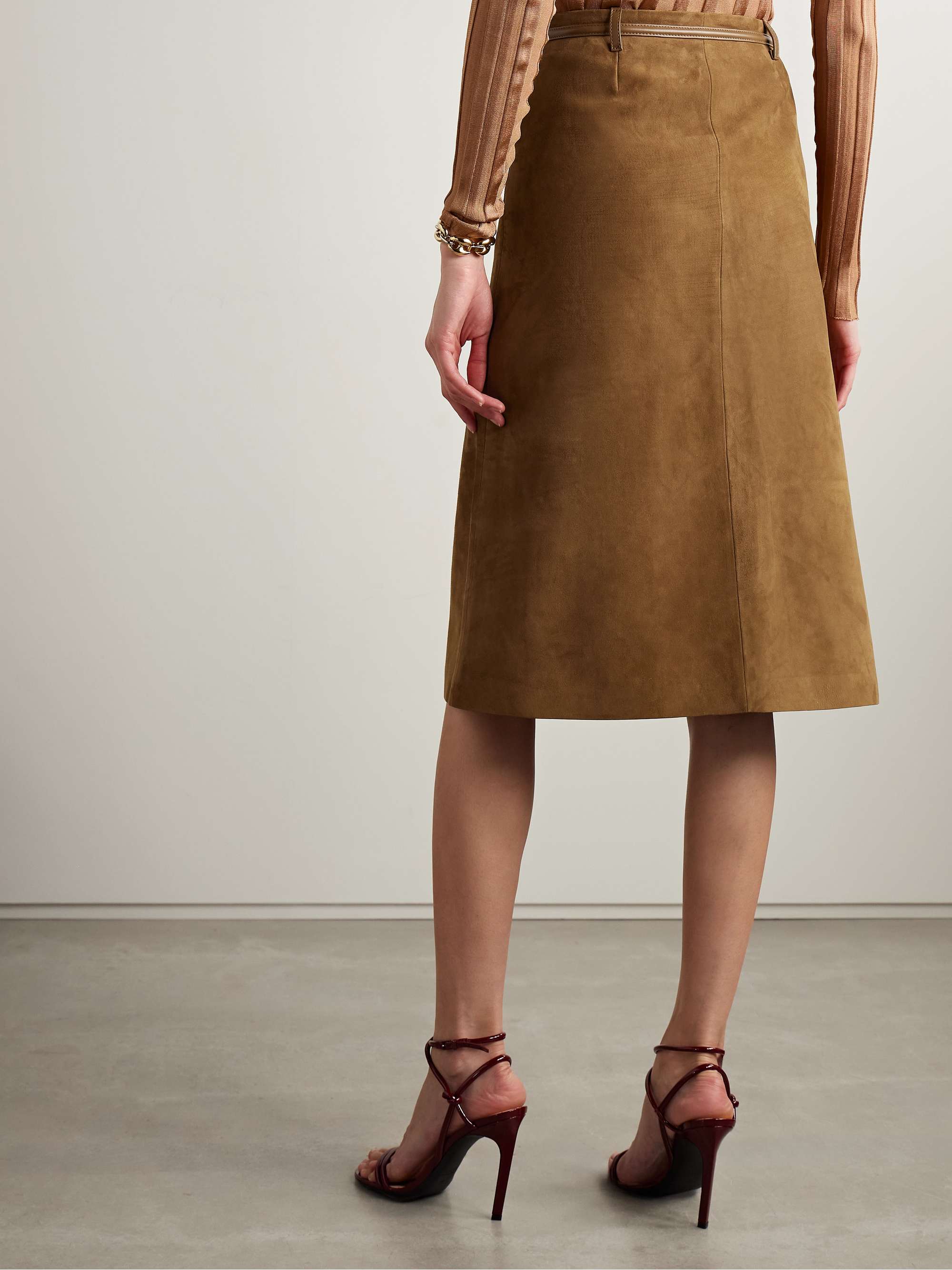 Horsebit-detailed leather-trimmed pleated suede midi skirt view