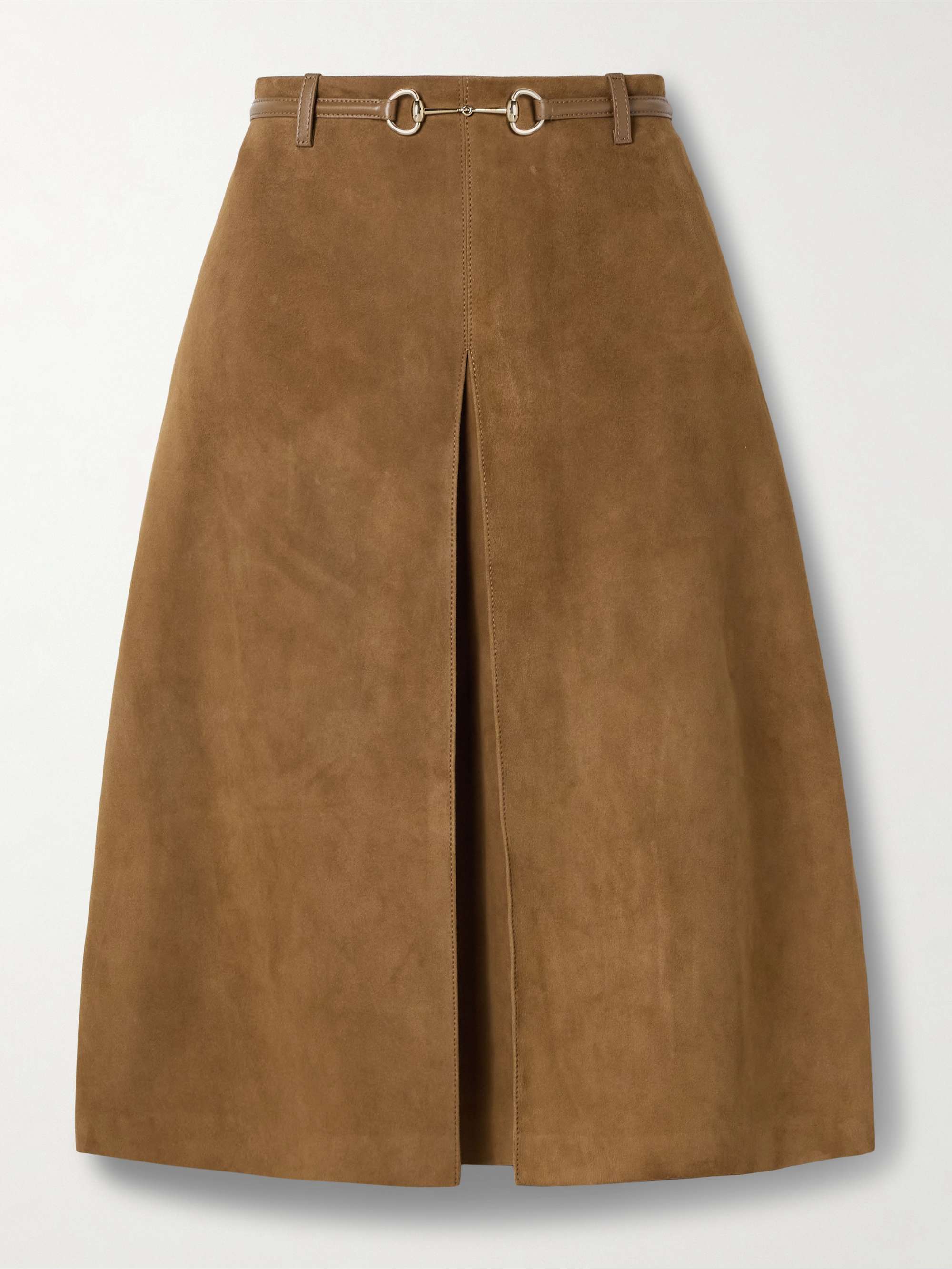 Horsebit-detailed leather-trimmed pleated suede midi skirt view
