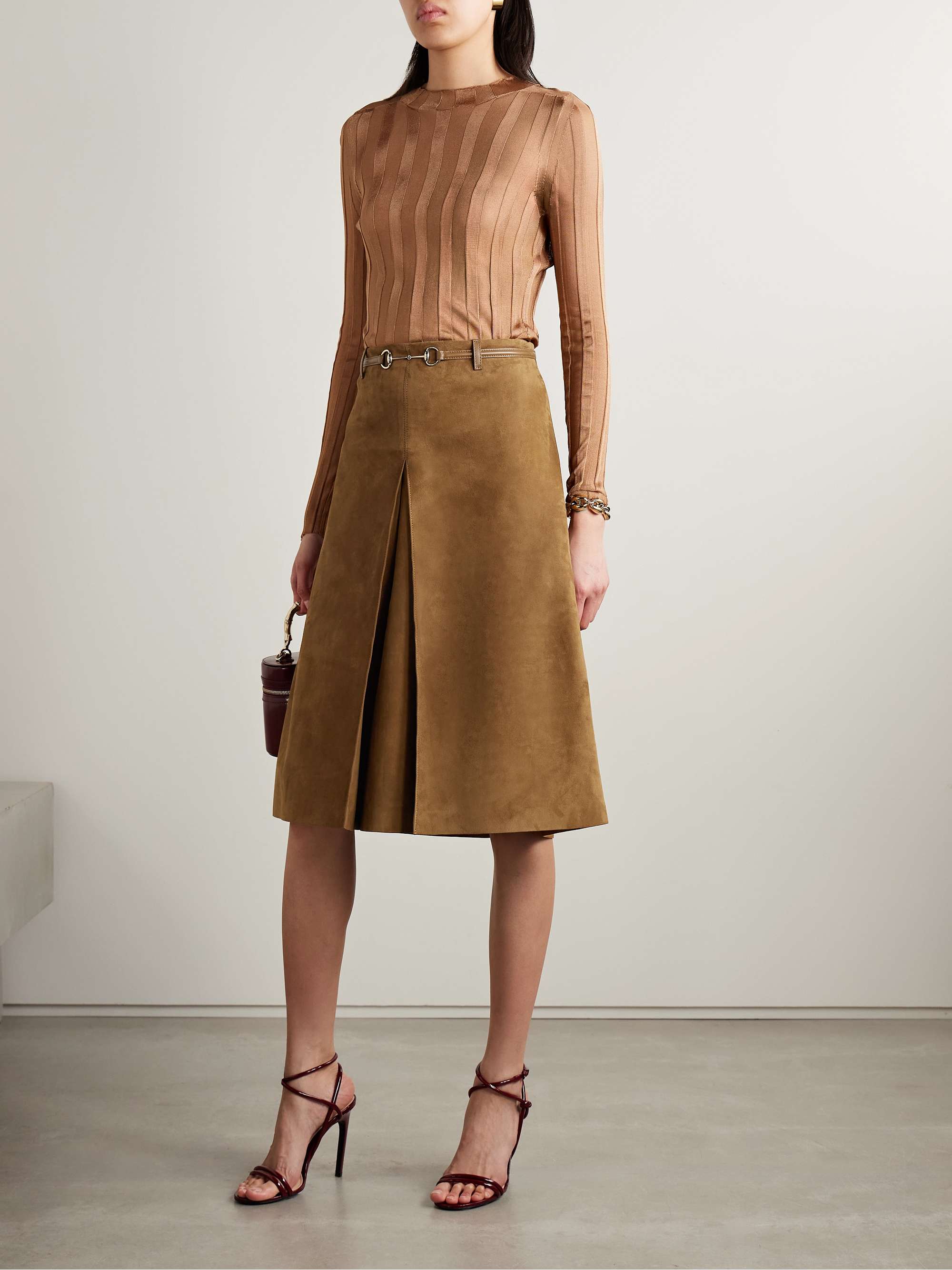 Horsebit-detailed leather-trimmed pleated suede midi skirt view