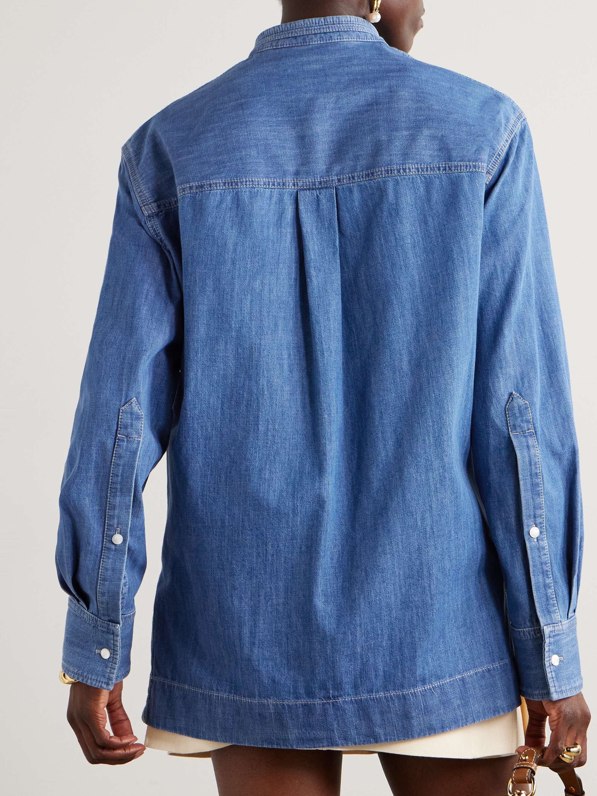 Tie-neck horsebit-embellished denim shirt view
