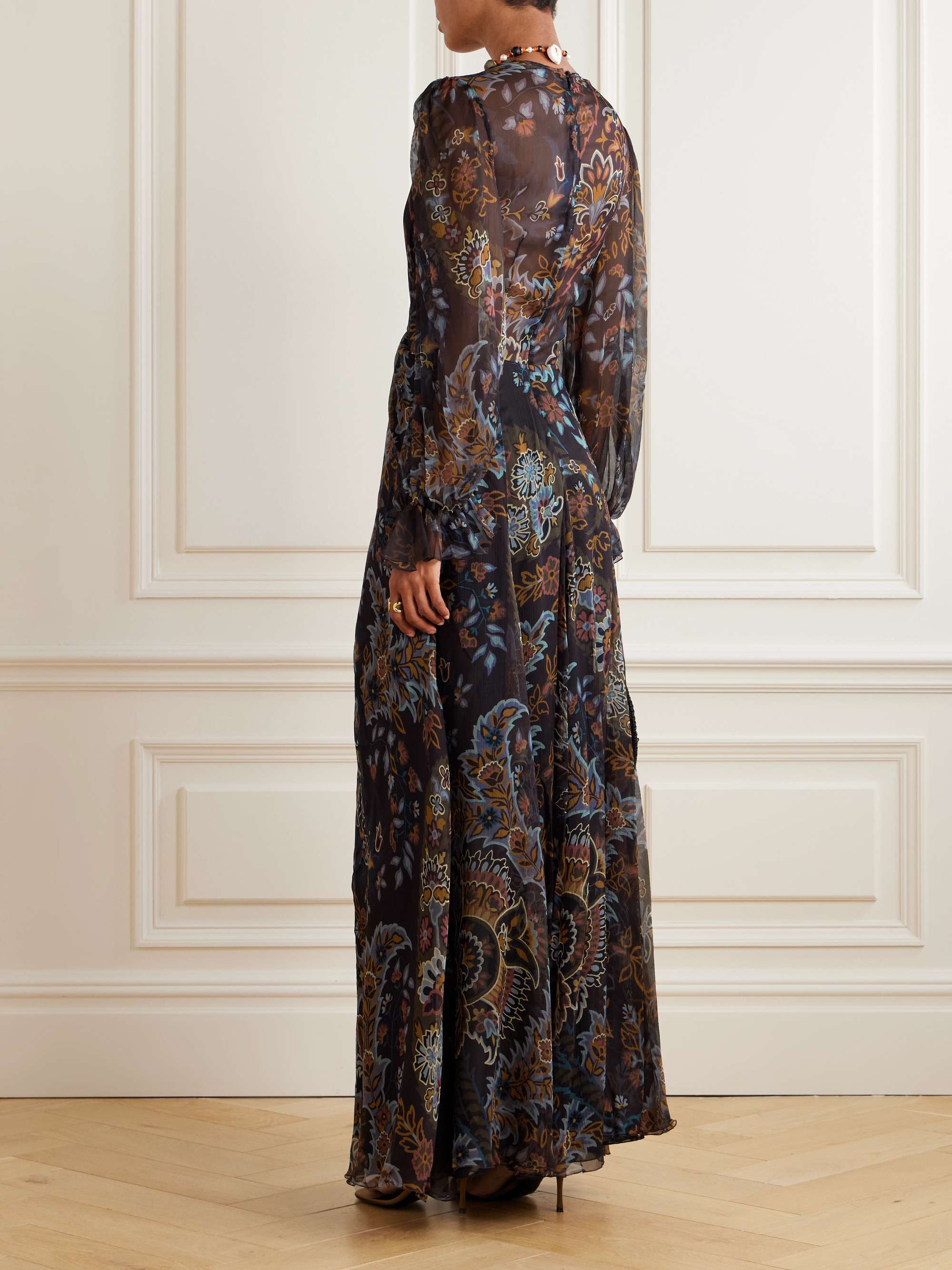 Pleated gathered floral-print silk-crepon maxi dress view