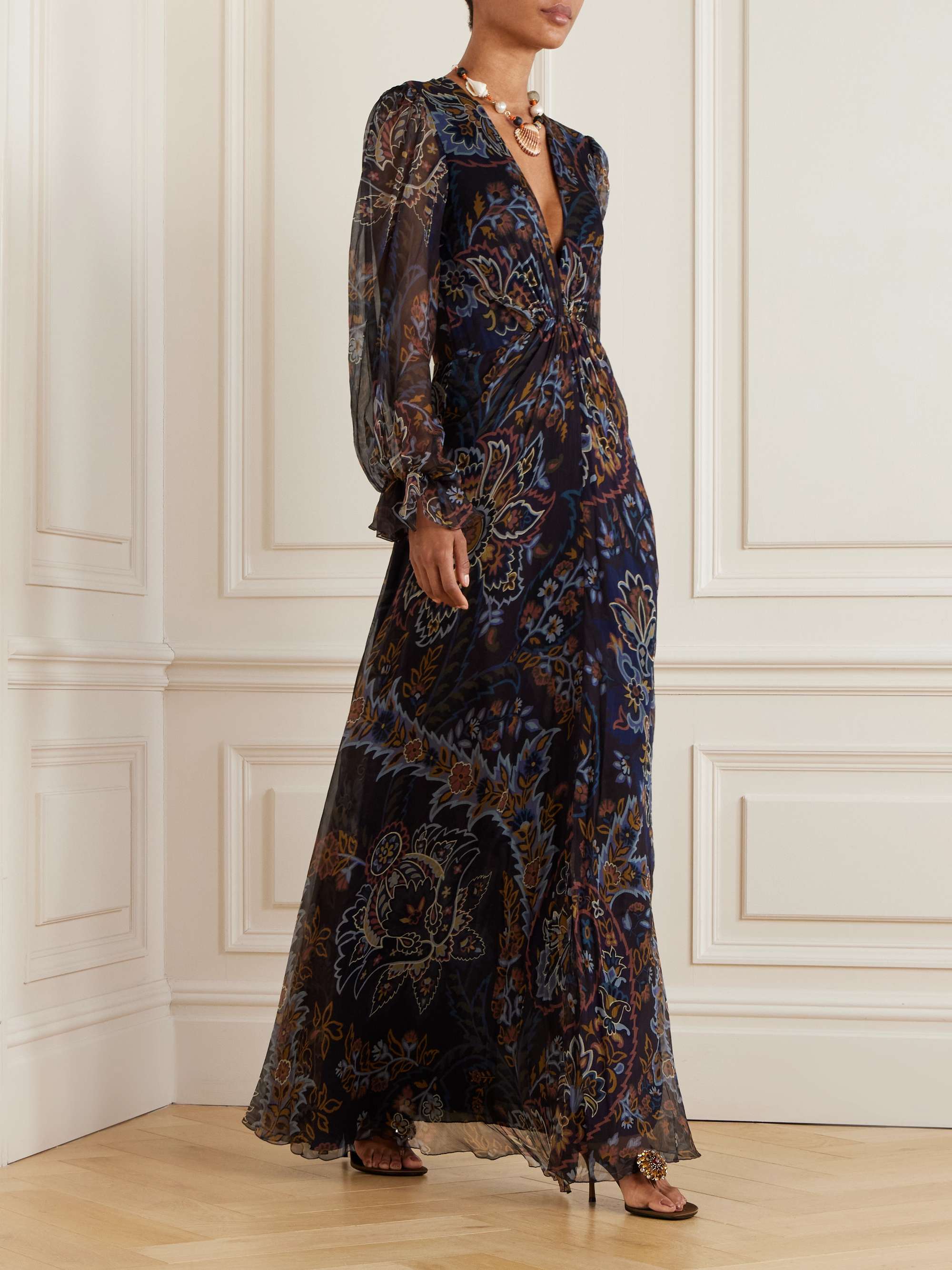 Pleated gathered floral-print silk-crepon maxi dress view