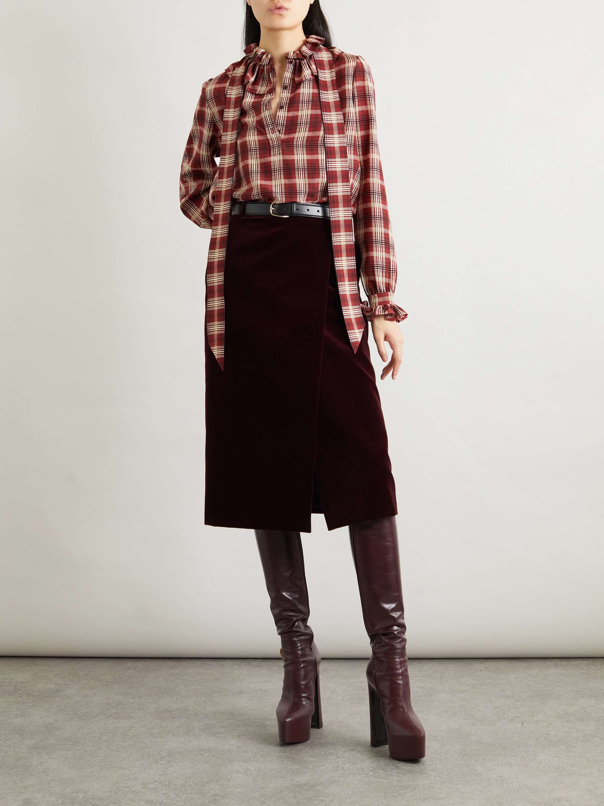 Pussy-bow ruched checked silk blouse view