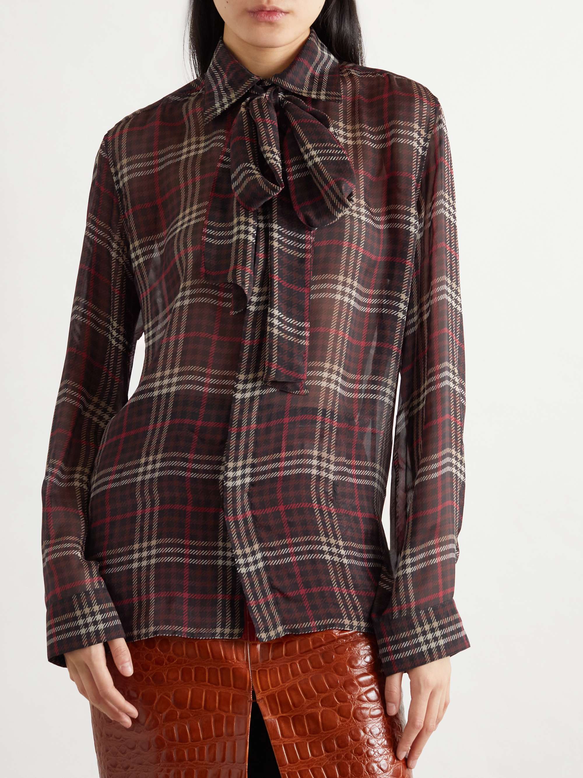 Pussy-bow checked silk-chiffon shirt view