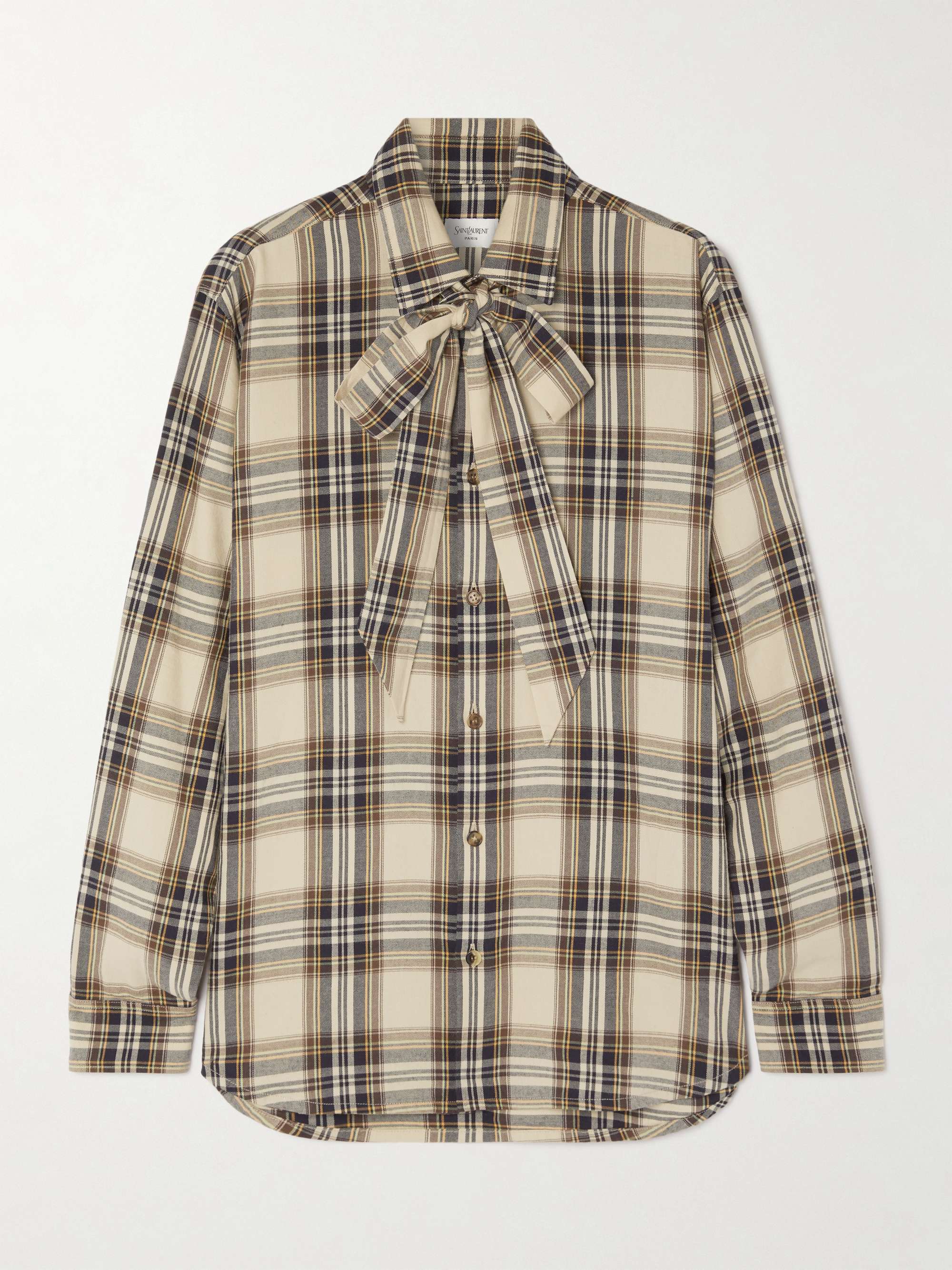 Pussy-bow checked cotton-blend shirt view