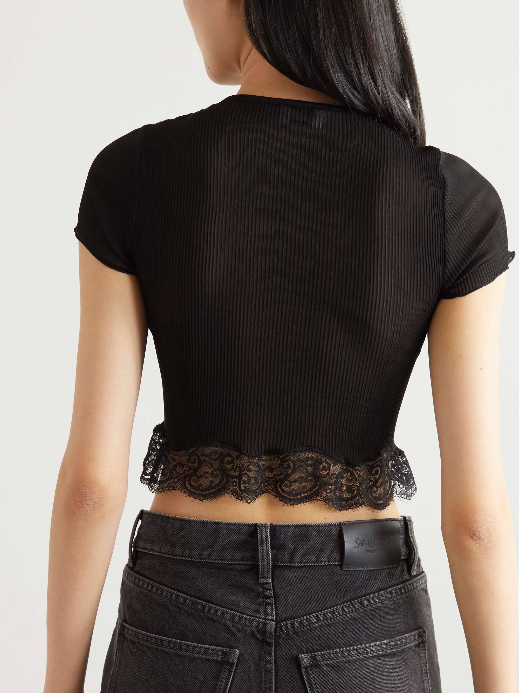 Cropped lace-trimmed ribbed silk top view